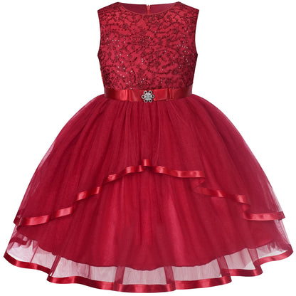 Flower Girls Dress Blush Belted Wedding Party Bridesmaid - Dark Red (QP2)