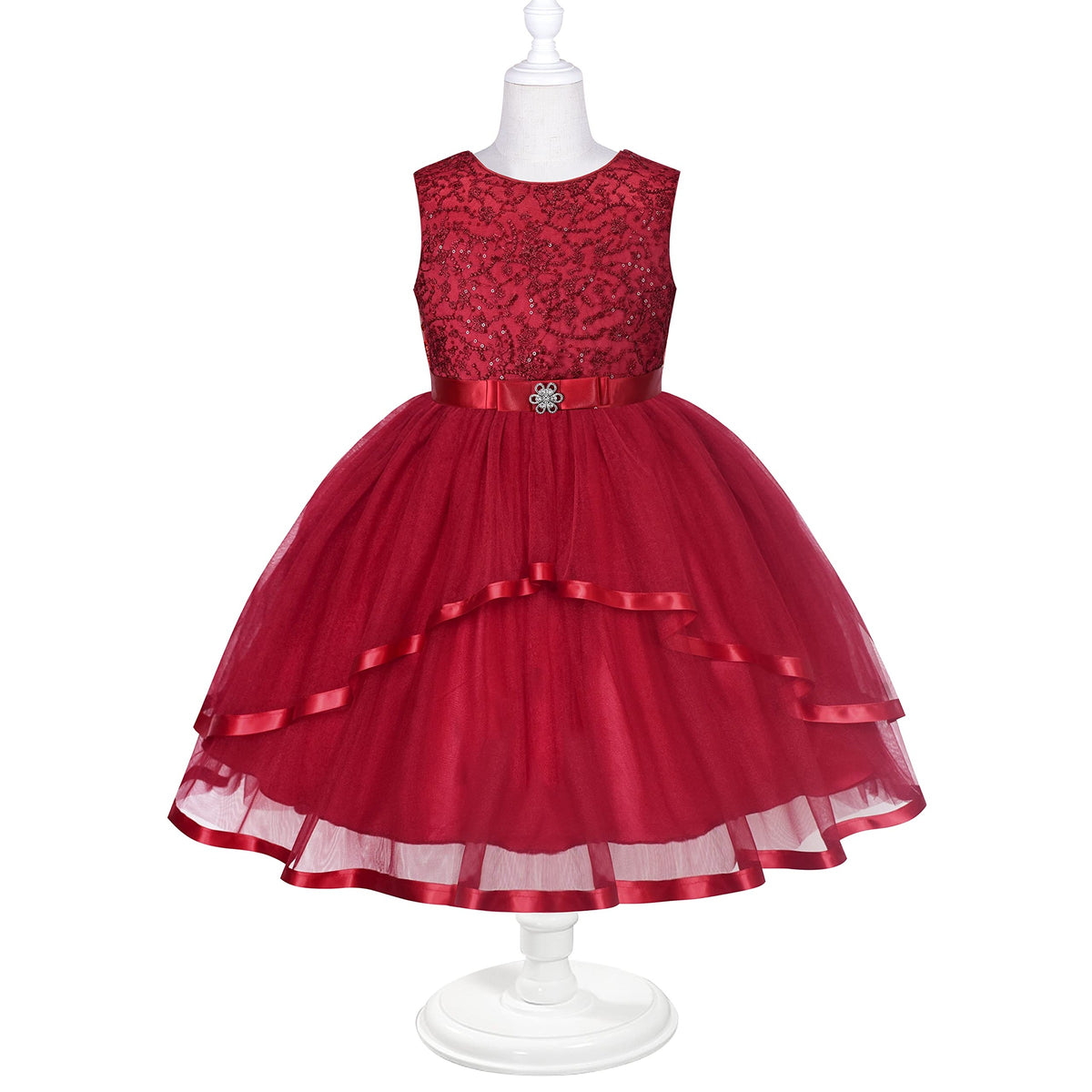 Flower Girls Dress Blush Belted Wedding Party Bridesmaid - Dark Red (QP2)