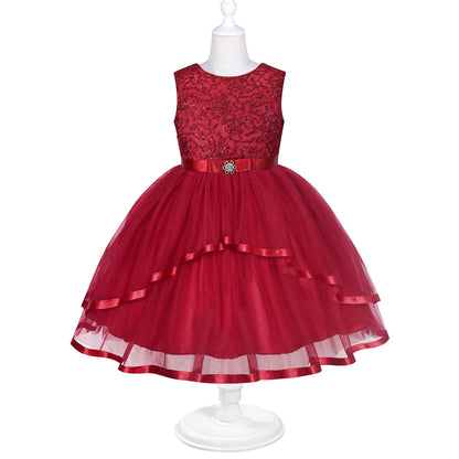 Flower Girls Dress Blush Belted Wedding Party Bridesmaid - Dark Red (QP2)