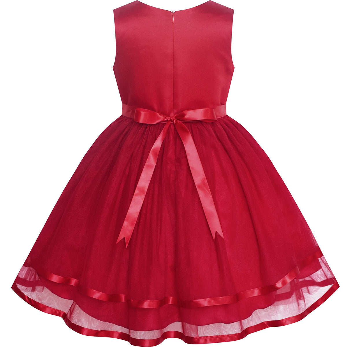 Flower Girls Dress Blush Belted Wedding Party Bridesmaid - Dark Red (QP2)