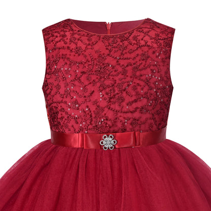 Flower Girls Dress Blush Belted Wedding Party Bridesmaid - Dark Red (QP2)