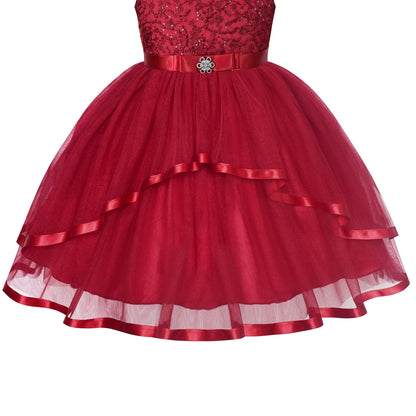 Flower Girls Dress Blush Belted Wedding Party Bridesmaid - Dark Red (QP2)