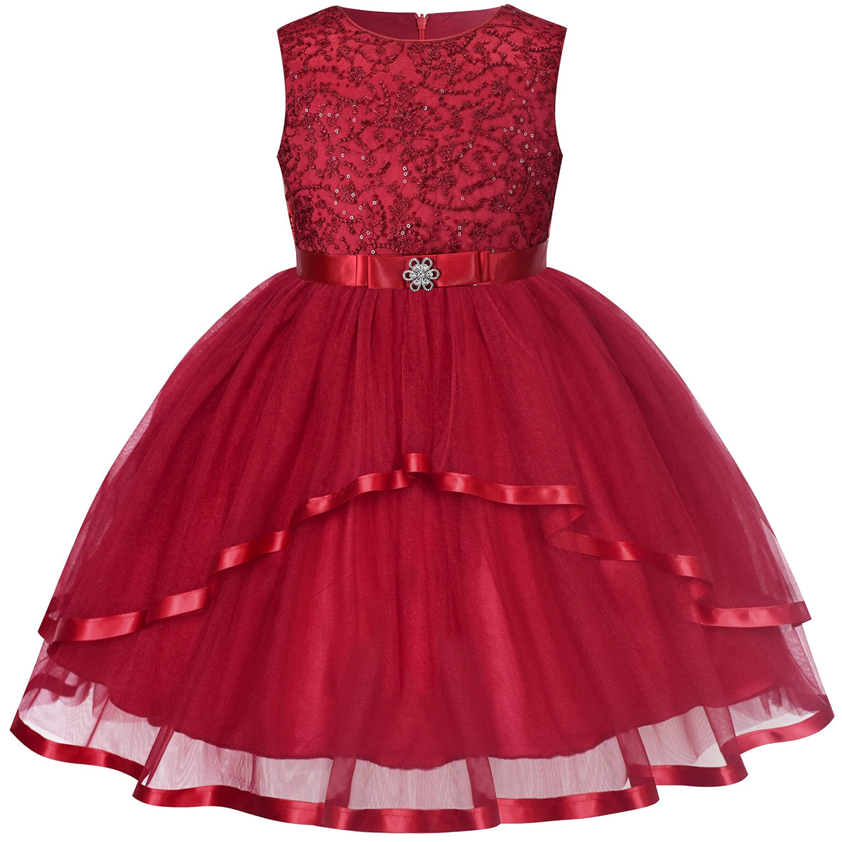 Flower Girls Dress Blush Belted Wedding Party Bridesmaid - Dark Red (QP2)