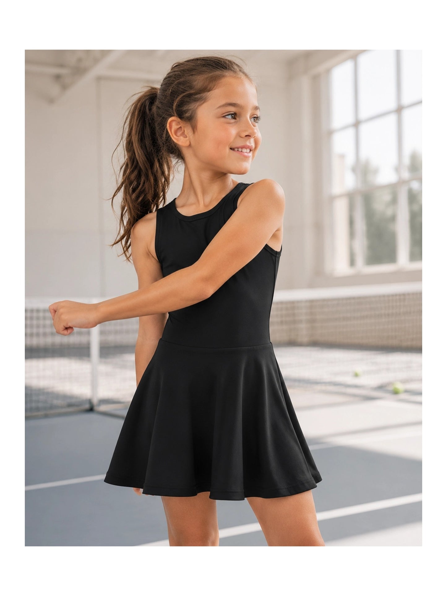 Girls Tennis Dress Black Open Back Bow Sleeveless Kids Golf School Sports Dresses Outfit with Shorts Pockets Black Bow
