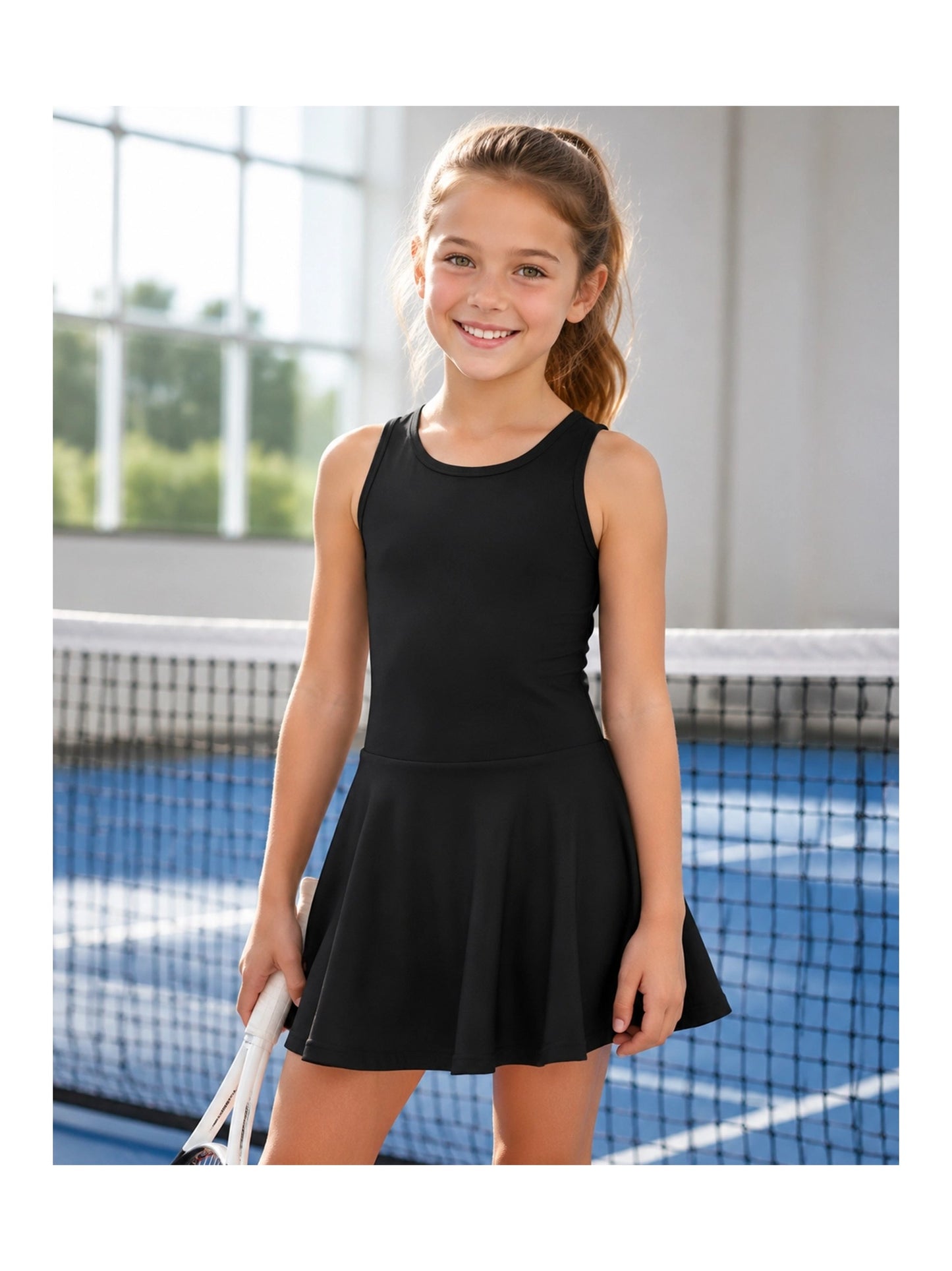 Girls Tennis Dress Black Open Back Bow Sleeveless Kids Golf School Sports Dresses Outfit with Shorts Pockets Black Bow