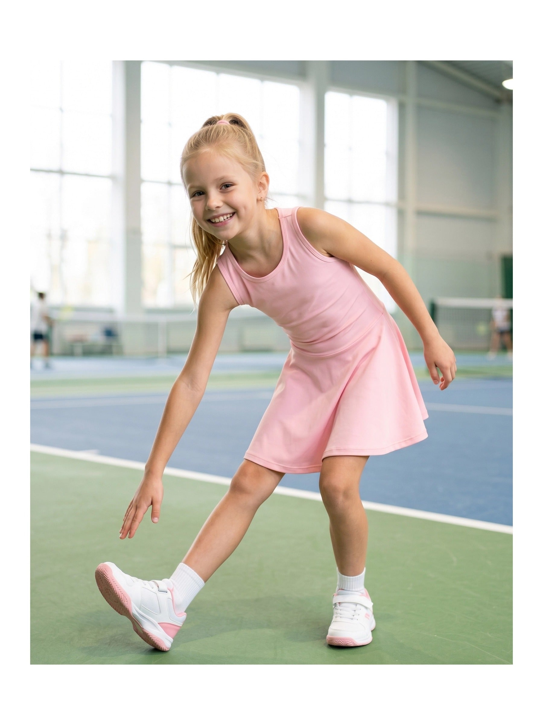Girls Tennis Dress Black Open Back Bow Sleeveless Kids Golf School Sports Dresses Outfit with Shorts Pockets Light Pink Solid