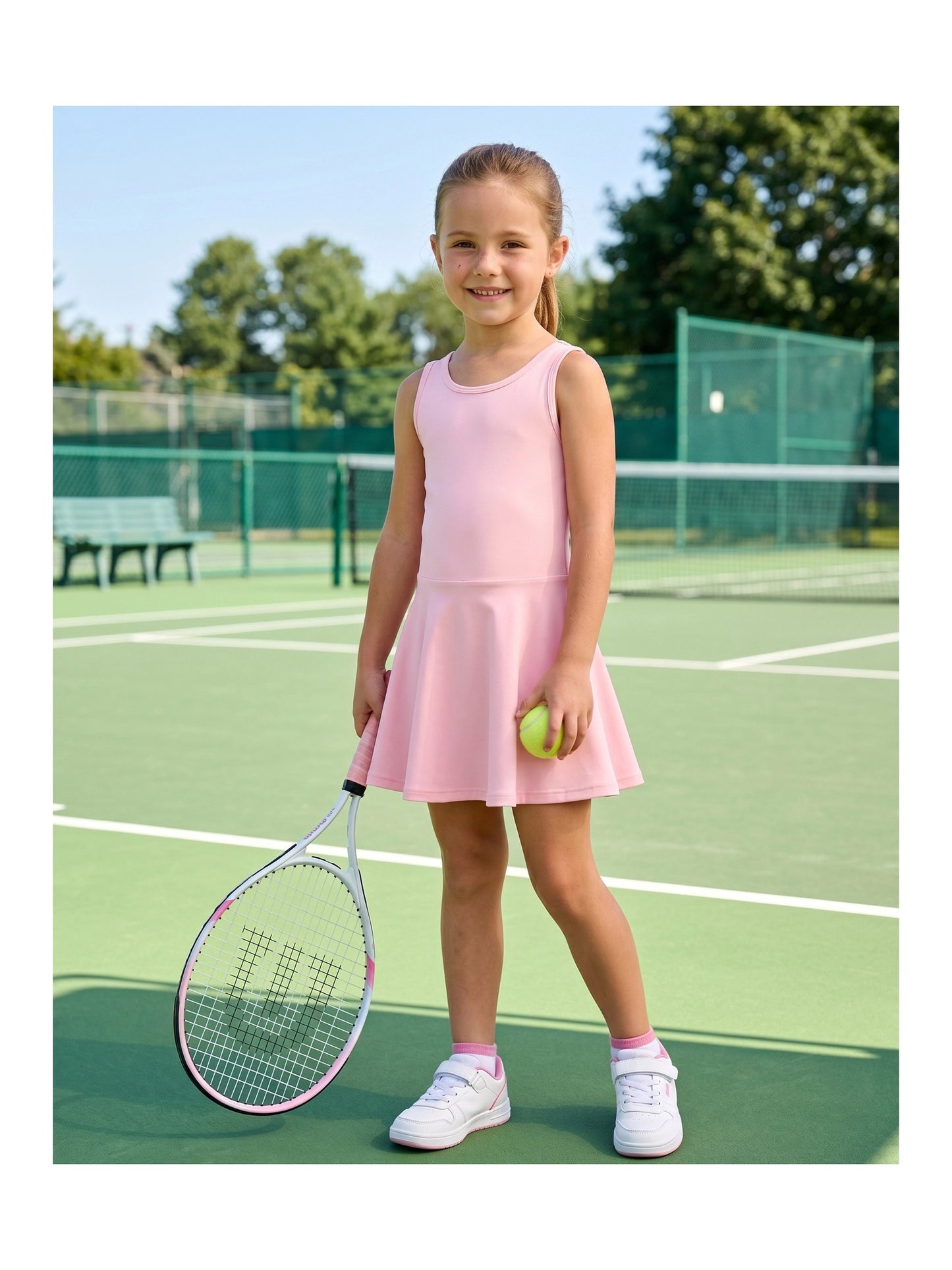 Girls Tennis Dress Black Open Back Bow Sleeveless Kids Golf School Sports Dresses Outfit with Shorts Pockets Light Pink Solid