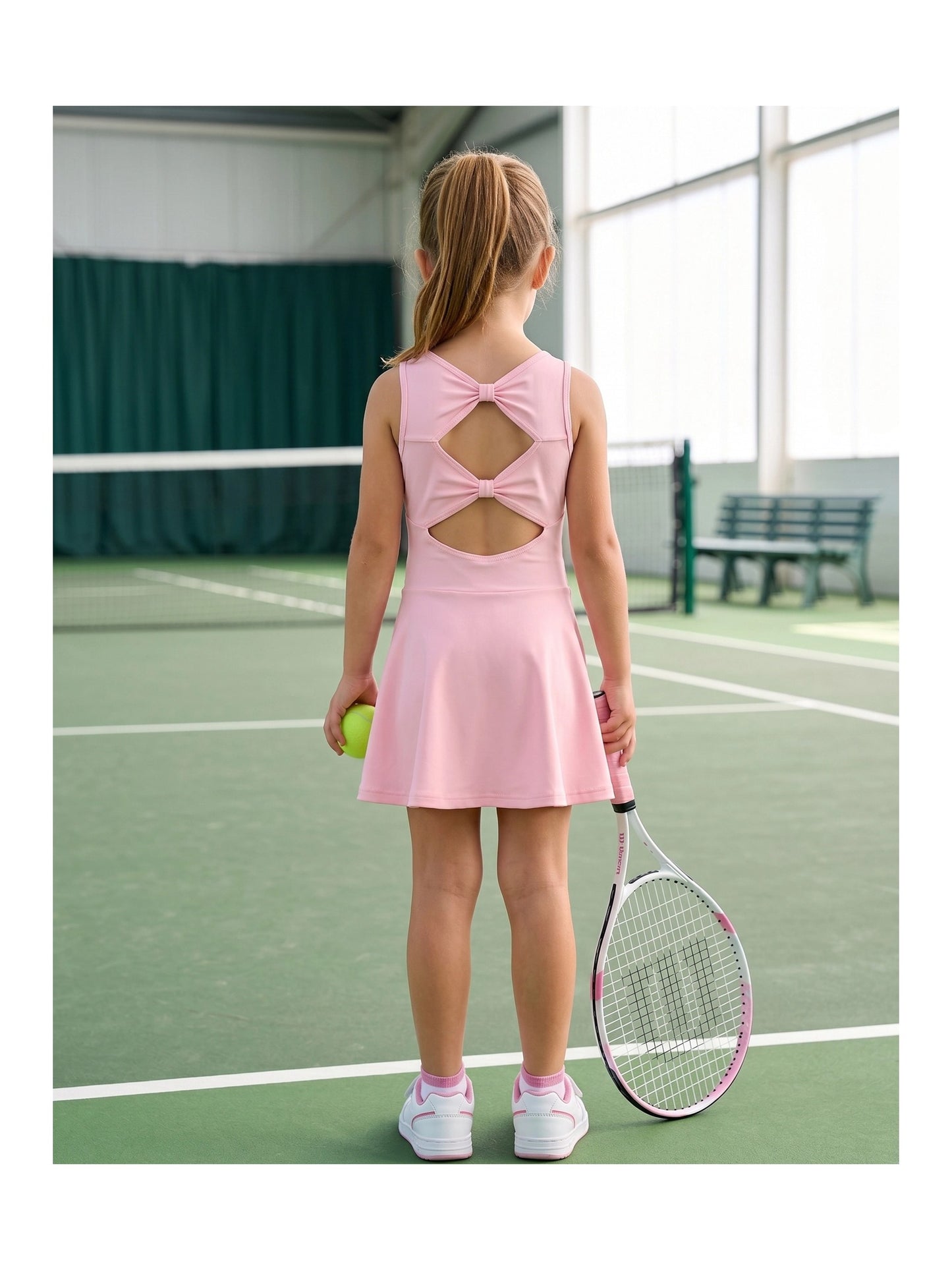 Girls Tennis Dress Black Open Back Bow Sleeveless Kids Golf School Sports Dresses Outfit with Shorts Pockets Light Pink Solid