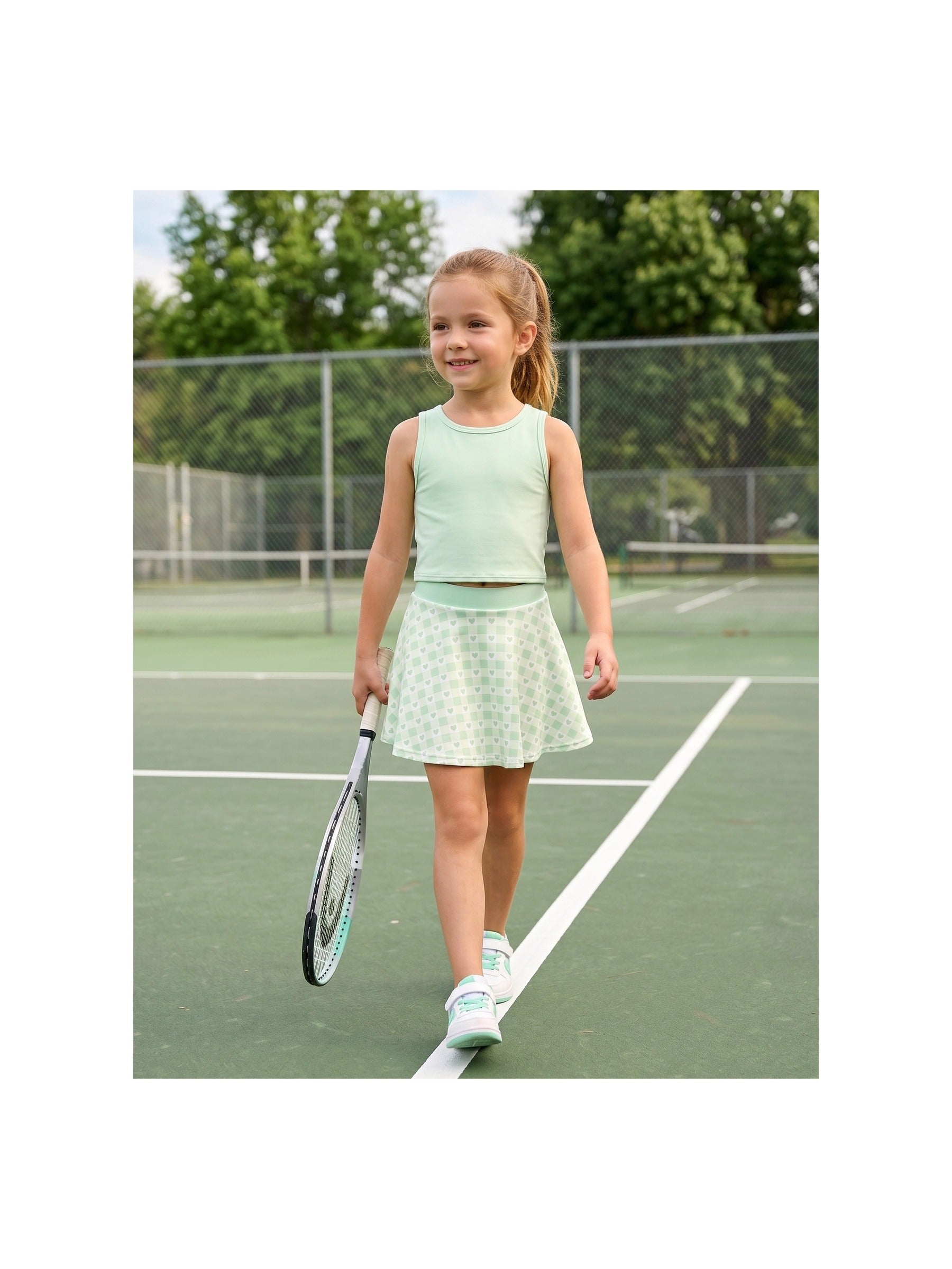 Girls 2 Piece Skirt Set Light Blue Heart Sleeveless Summer Tennis Skorts Outfit With Built In Shorts Light Green Hearts