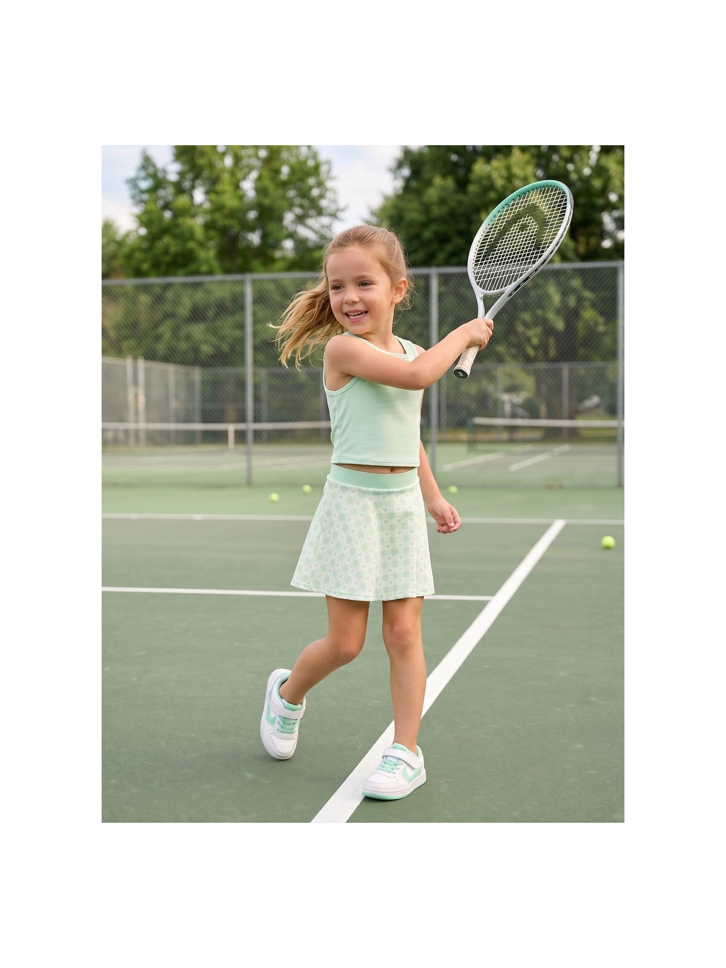 Girls 2 Piece Skirt Set Light Blue Heart Sleeveless Summer Tennis Skorts Outfit With Built In Shorts Light Green Hearts