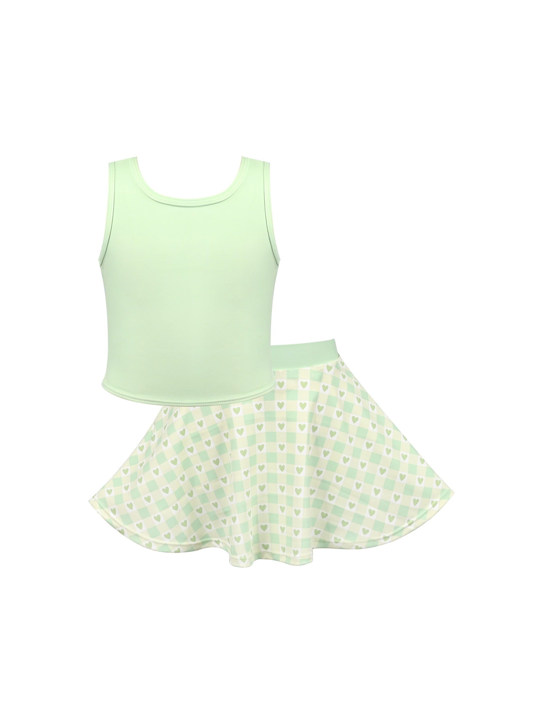Girls 2 Piece Skirt Set Light Blue Heart Sleeveless Summer Tennis Skorts Outfit With Built In Shorts Light Green Hearts