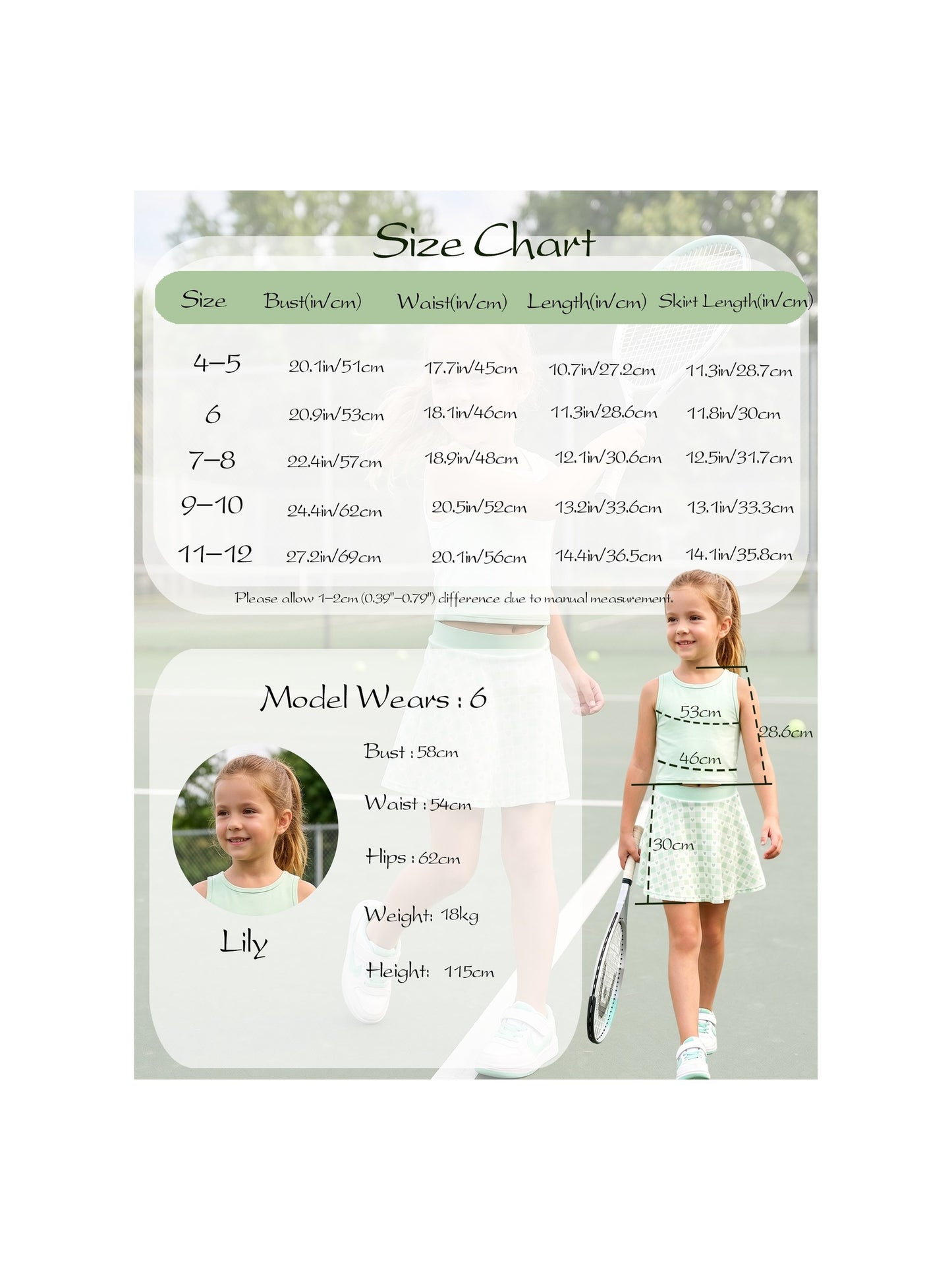 Girls 2 Piece Skirt Set Light Blue Heart Sleeveless Summer Tennis Skorts Outfit With Built In Shorts Light Green Hearts