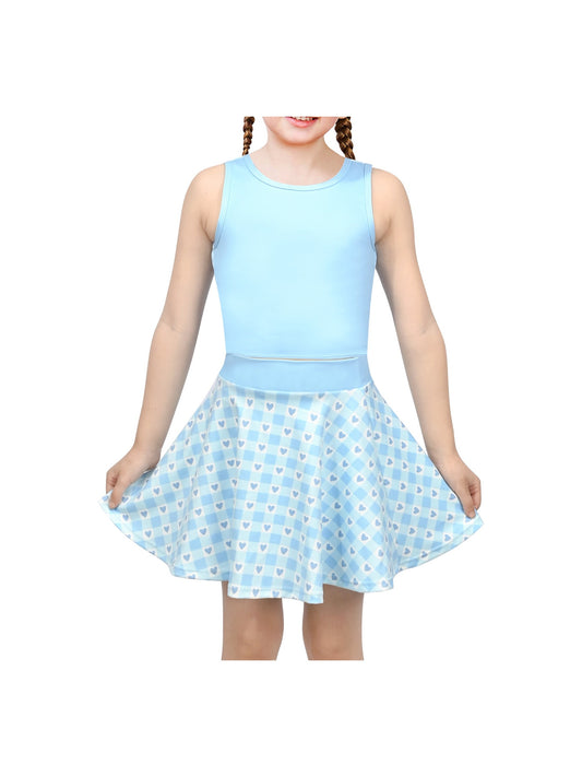 Girls 2 Piece Skirt Set Light Blue Heart Sleeveless Summer Tennis Skorts Outfit With Built In Shorts Light Blue Hearts