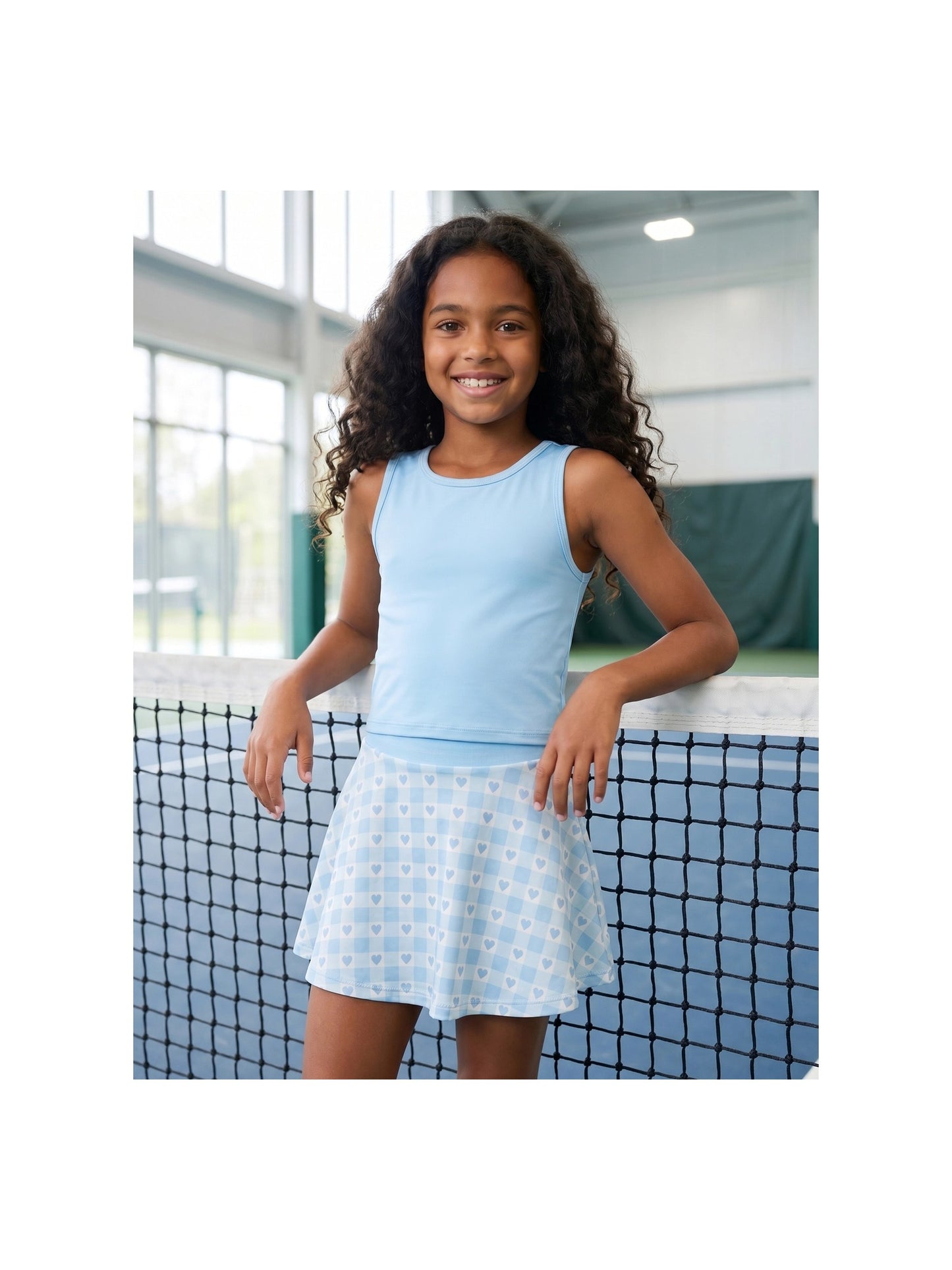 Girls 2 Piece Skirt Set Light Blue Heart Sleeveless Summer Tennis Skorts Outfit With Built In Shorts Light Blue Hearts