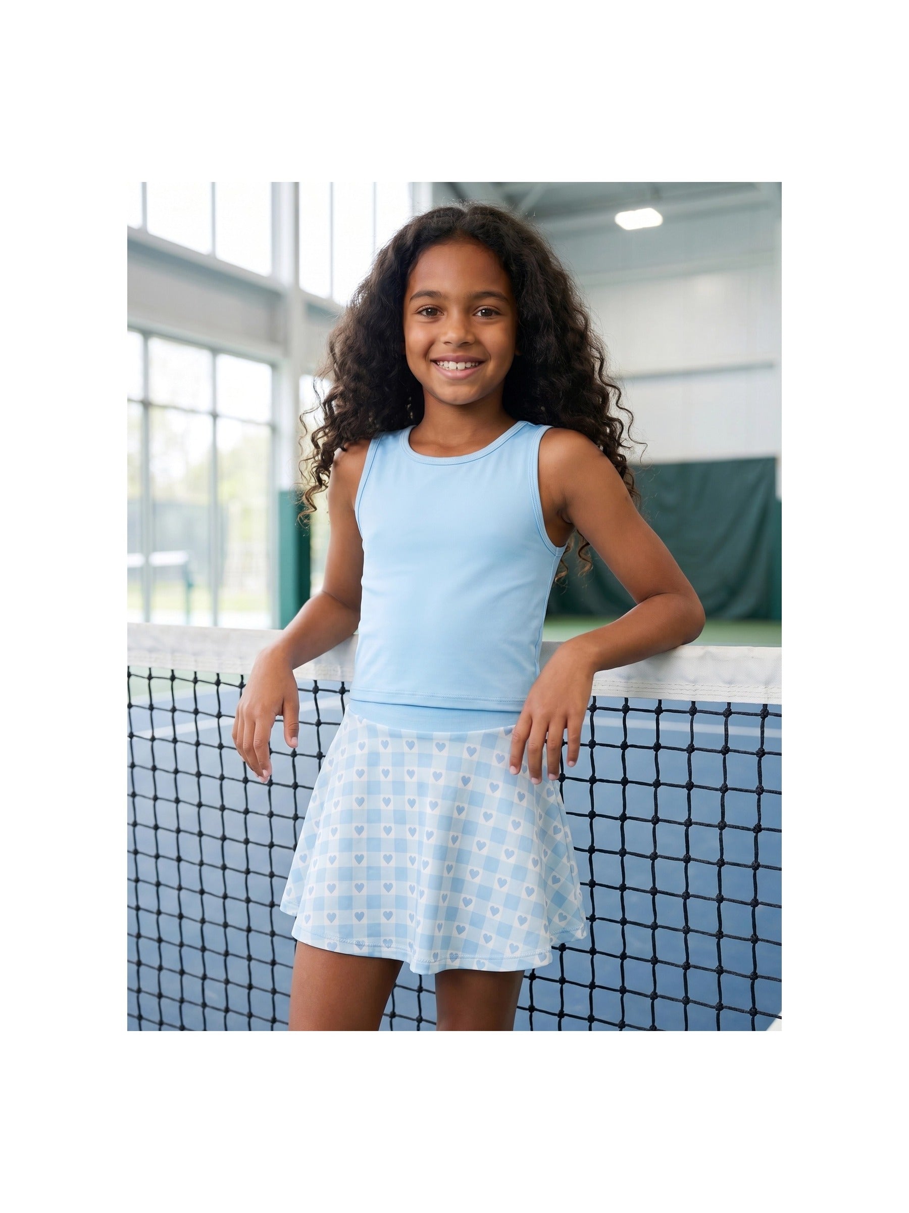 Girls 2 Piece Skirt Set Light Blue Heart Sleeveless Summer Tennis Skorts Outfit With Built In Shorts Light Blue Hearts