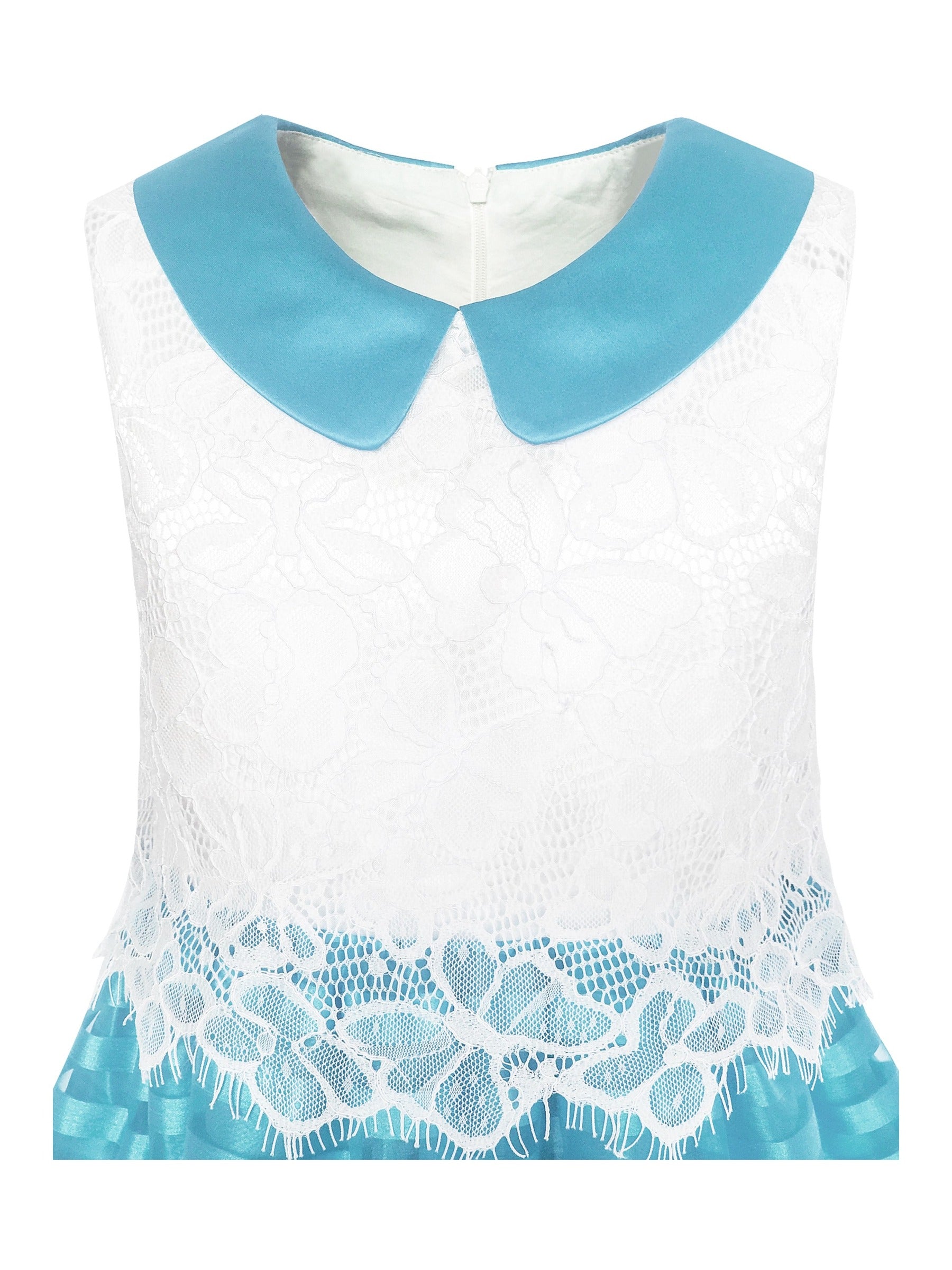 Girls Dress White Lace Sleeveless Pink Stripe Casual Party Sundress Sky Blue Lace