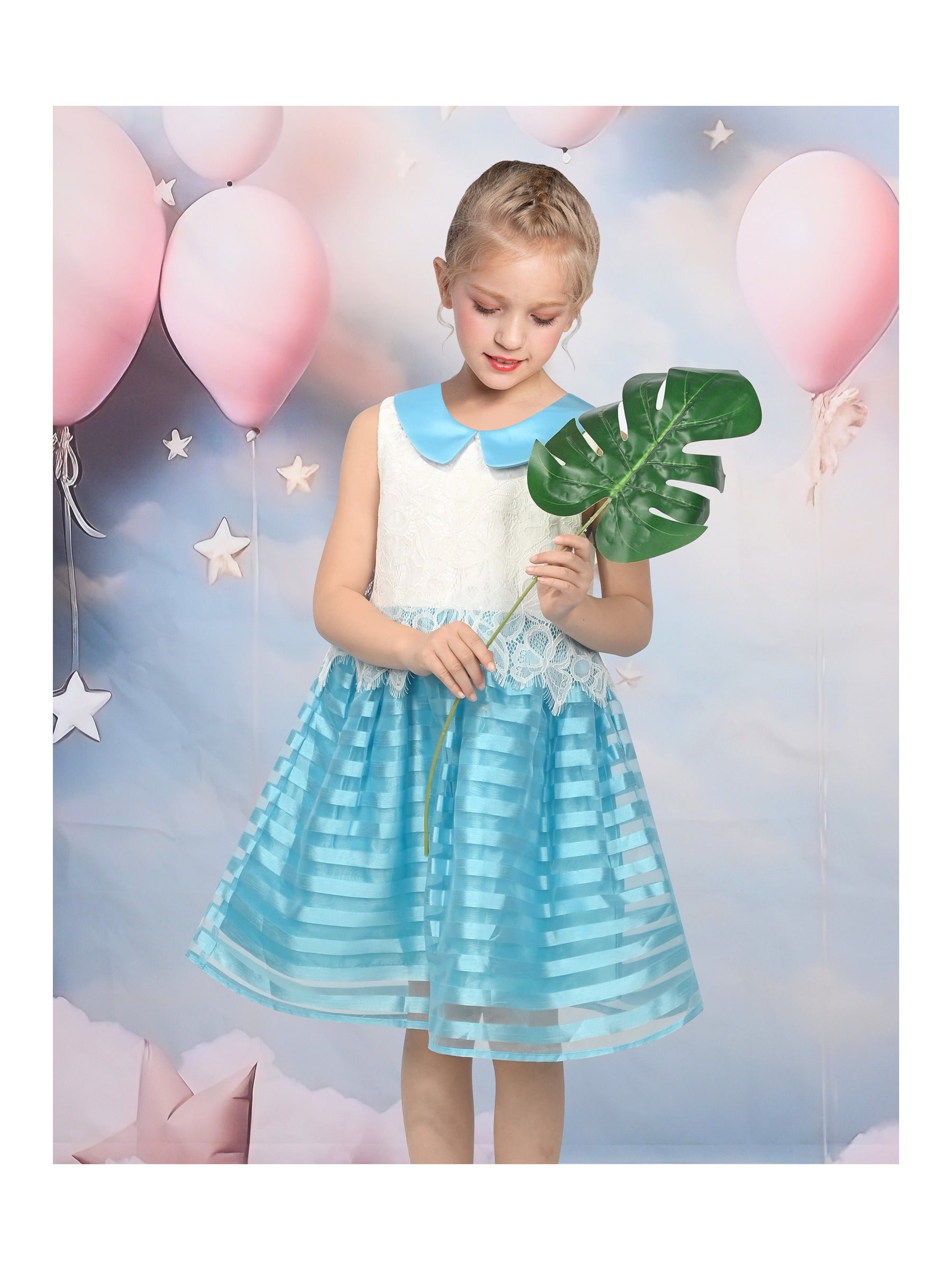 Girls Dress White Lace Sleeveless Pink Stripe Casual Party Sundress Sky Blue Lace