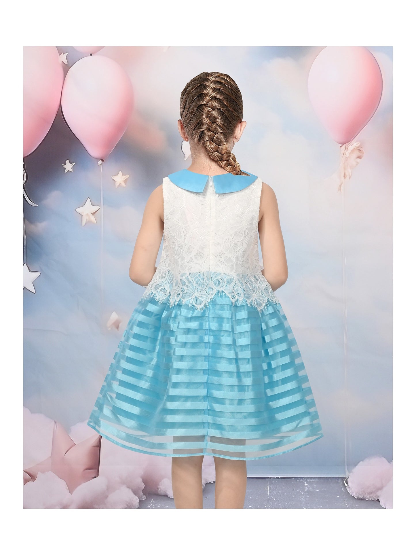 Girls Dress White Lace Sleeveless Pink Stripe Casual Party Sundress Sky Blue Lace