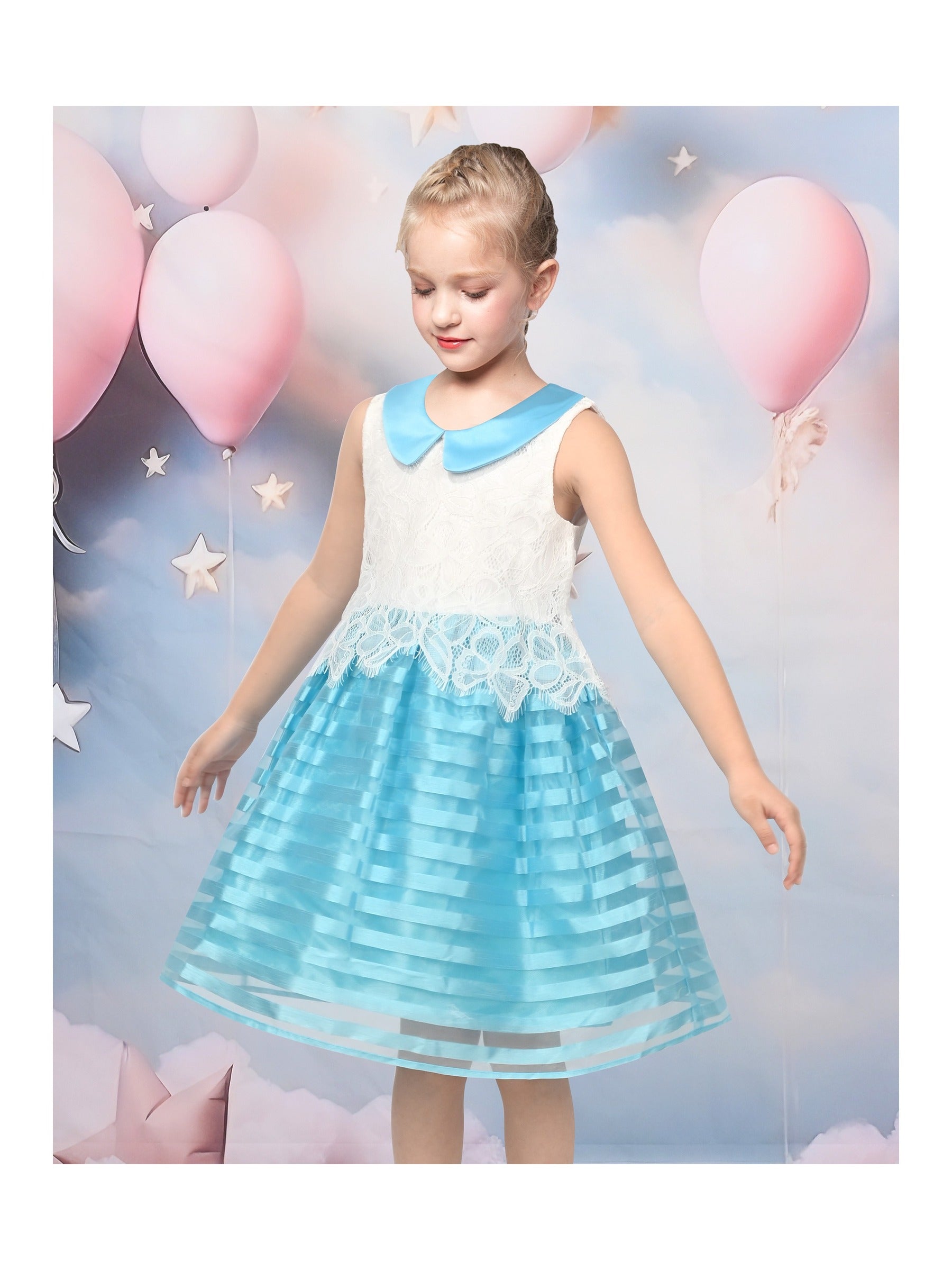 Girls Dress White Lace Sleeveless Pink Stripe Casual Party Sundress Sky Blue Lace