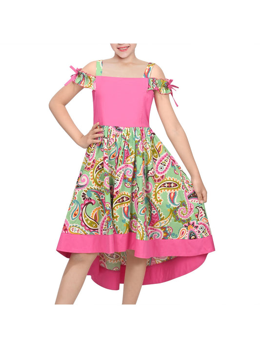 Girls Dress Pink Paisley Cold Shoulder Sleeveless Casual High Low Cotton Dresses for Girls Pink Paisley
