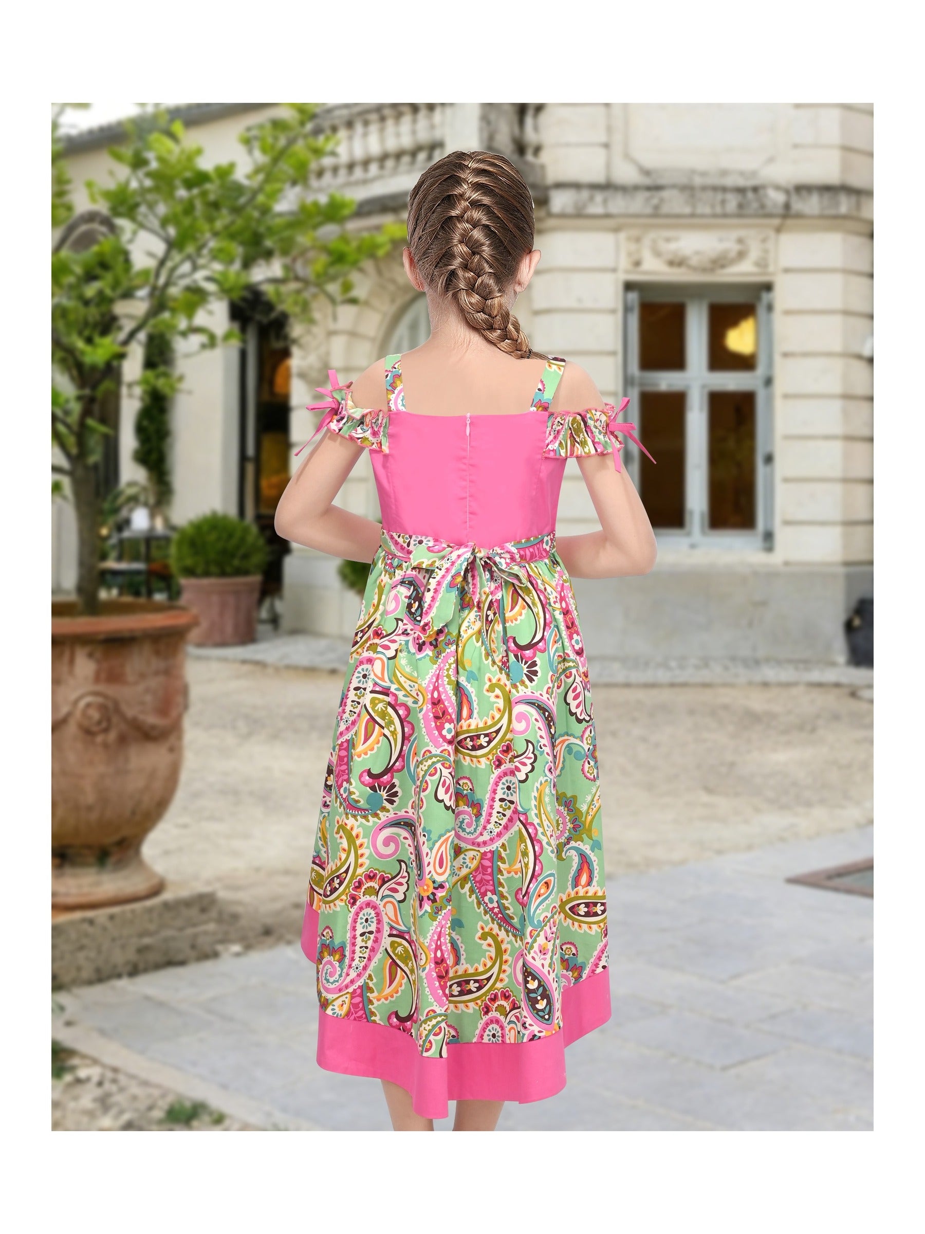 Girls Dress Pink Paisley Cold Shoulder Sleeveless Casual High Low Cotton Dresses for Girls Pink Paisley