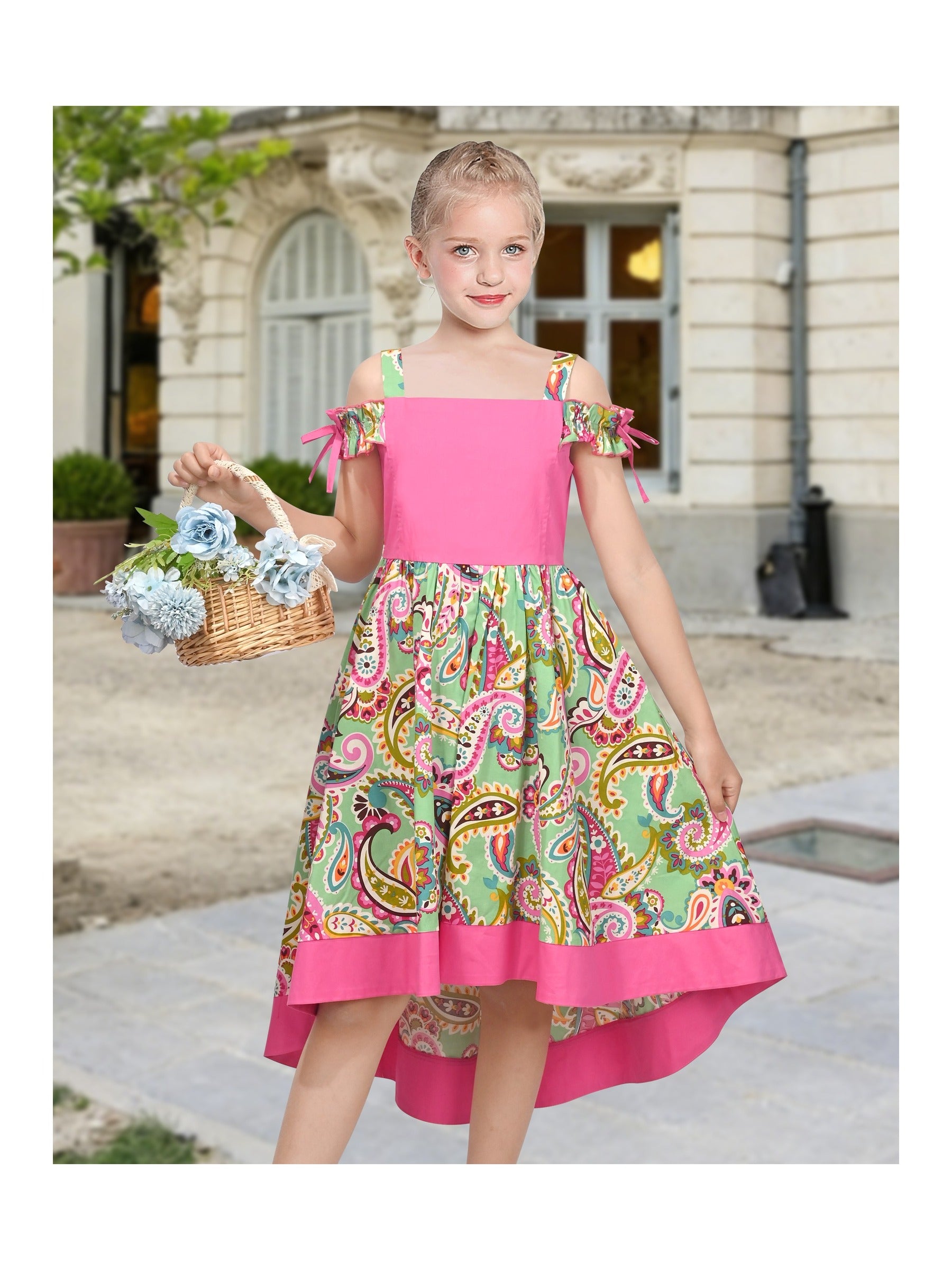 Girls Dress Pink Paisley Cold Shoulder Sleeveless Casual High Low Cotton Dresses for Girls Pink Paisley