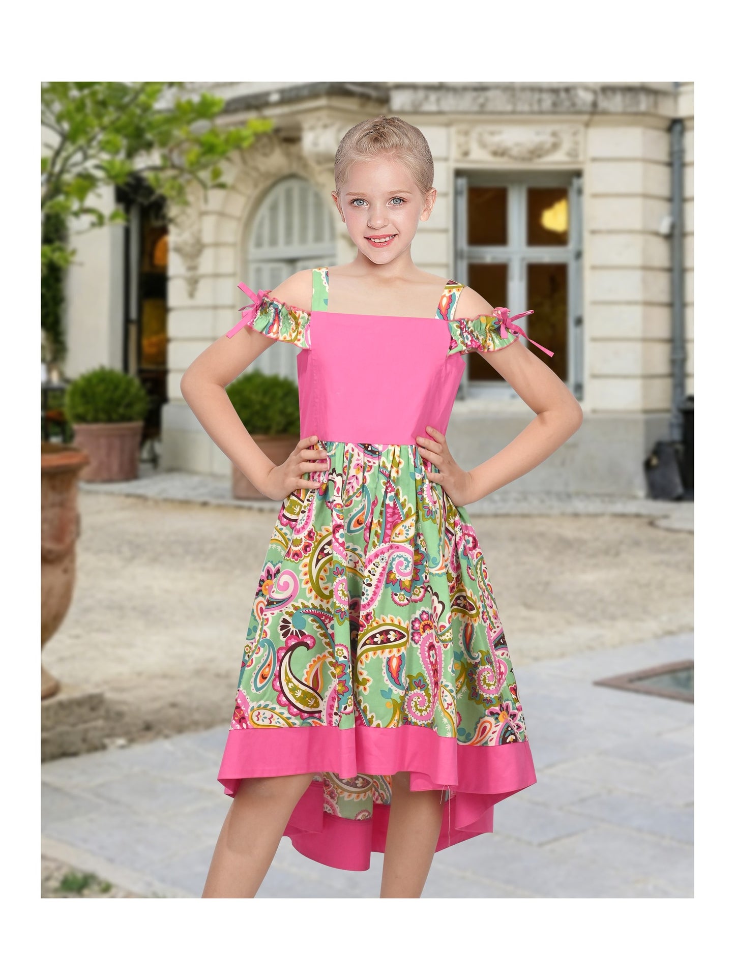 Girls Dress Pink Paisley Cold Shoulder Sleeveless Casual High Low Cotton Dresses for Girls Pink Paisley