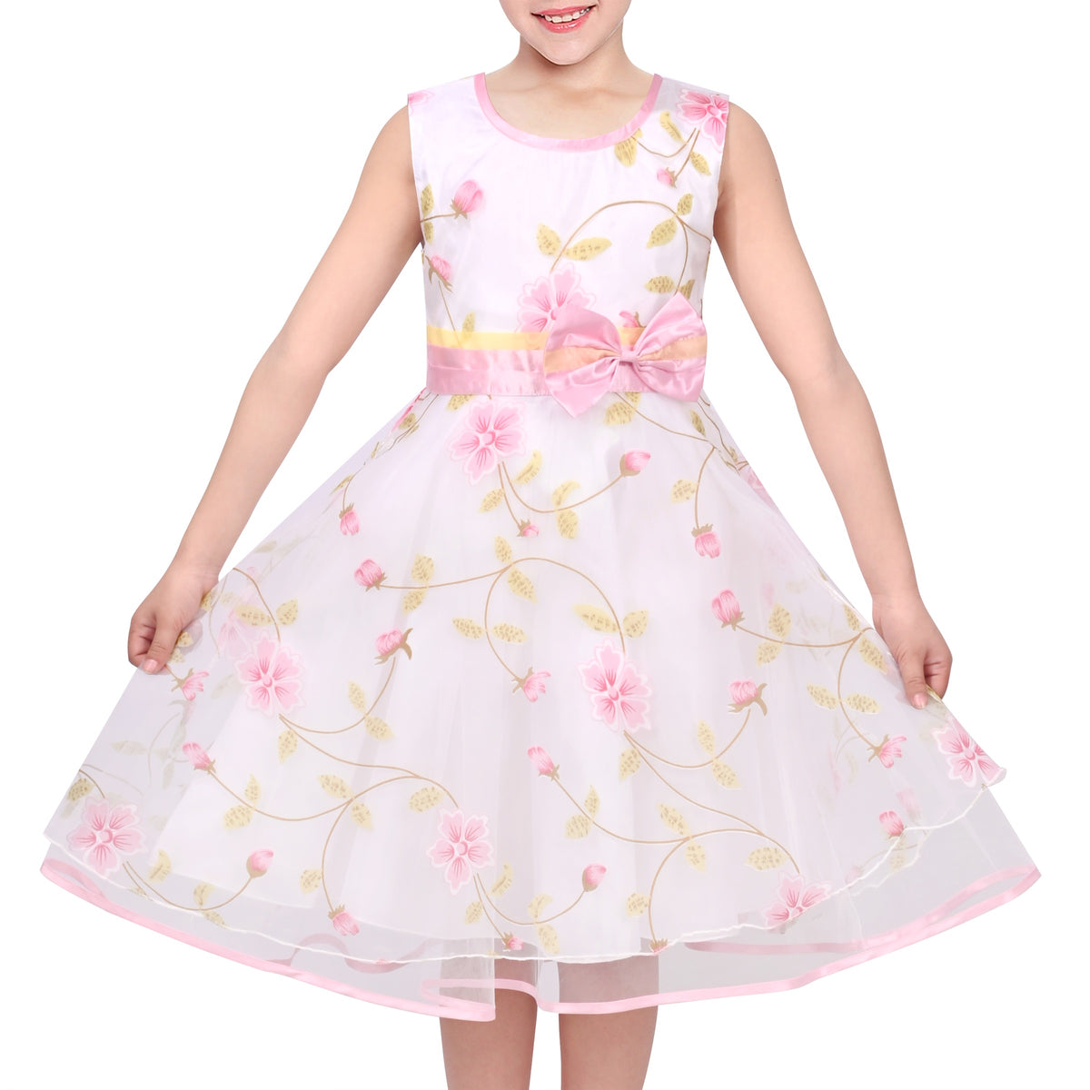 3 Layers Girls Dress Pink Flower Wave Pageant Wedding Kids Clothing - Light Pink Floral