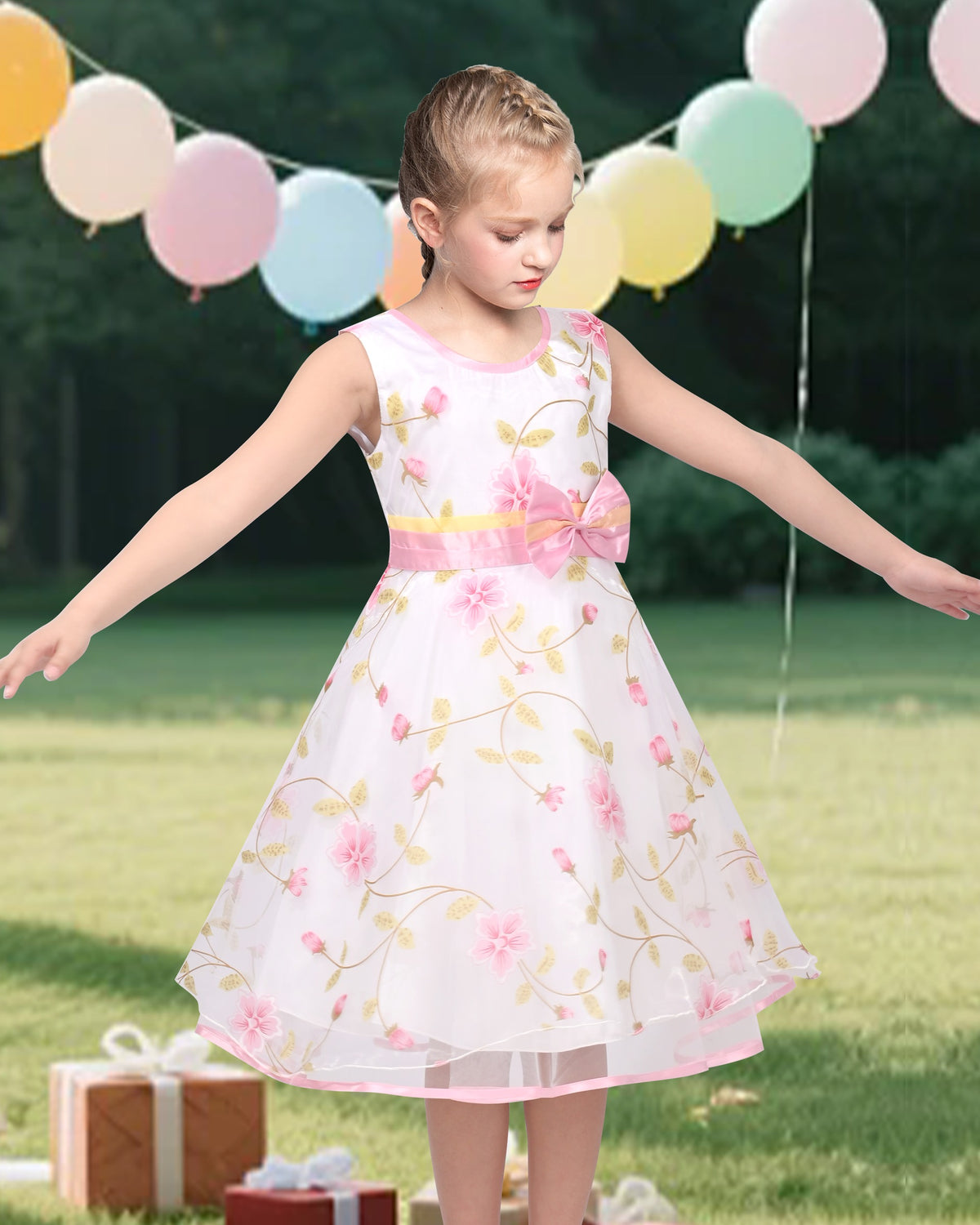 3 Layers Girls Dress Pink Flower Wave Pageant Wedding Kids Clothing - Light Pink Floral