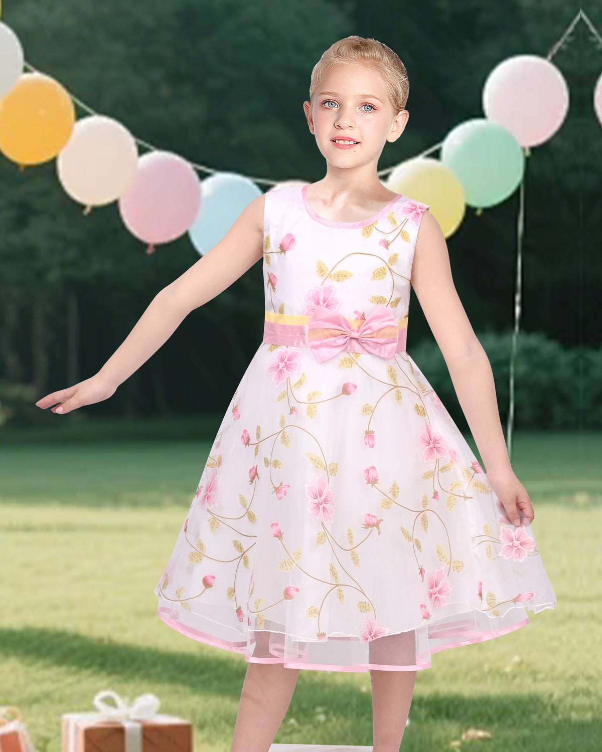3 Layers Girls Dress Pink Flower Wave Pageant Wedding Kids Clothing - Light Pink Floral