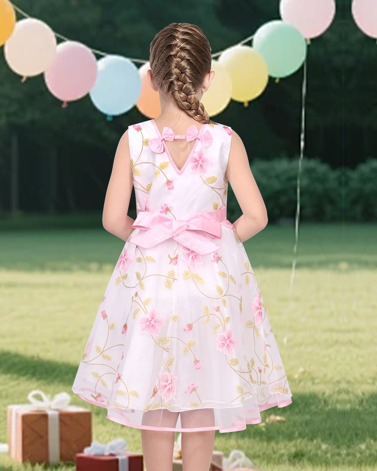 3 Layers Girls Dress Pink Flower Wave Pageant Wedding Kids Clothing - Light Pink Floral