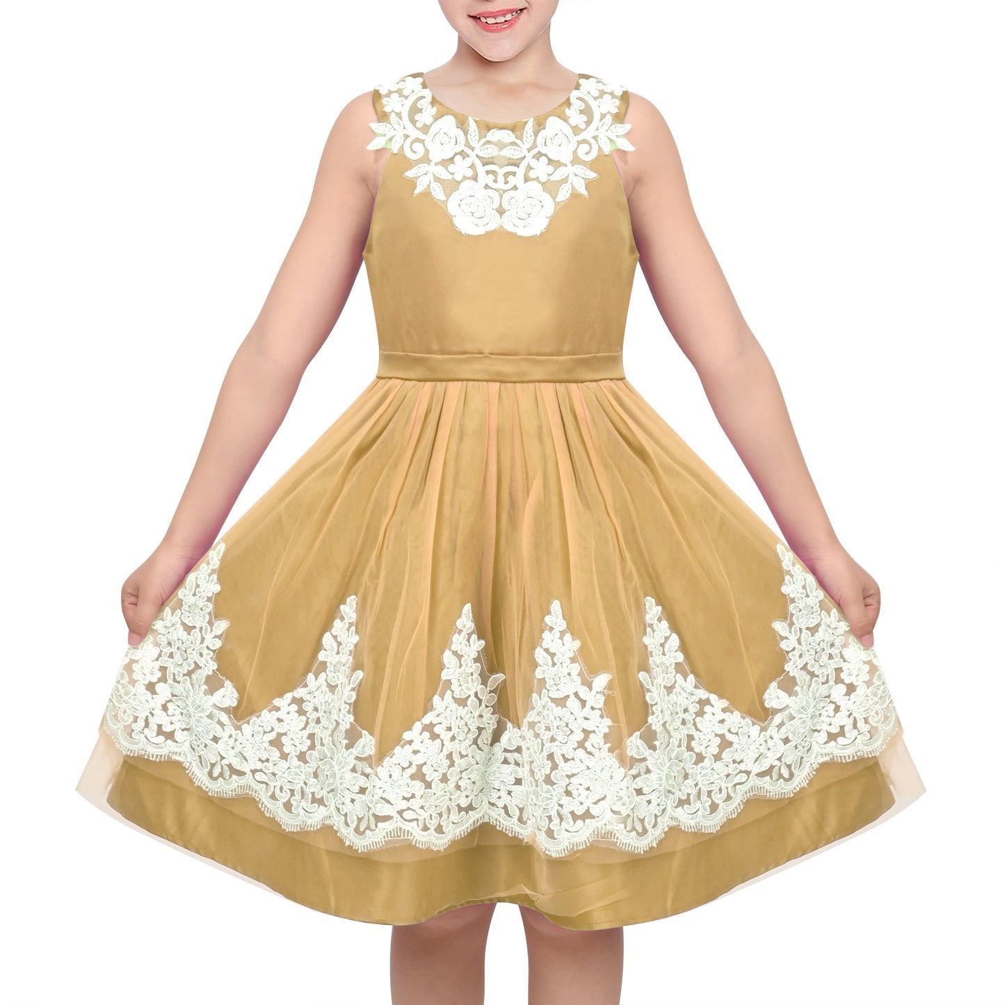 Girls Dress Champagne Multi-layers Wedding Pageant Kids Clothes Brown Lace