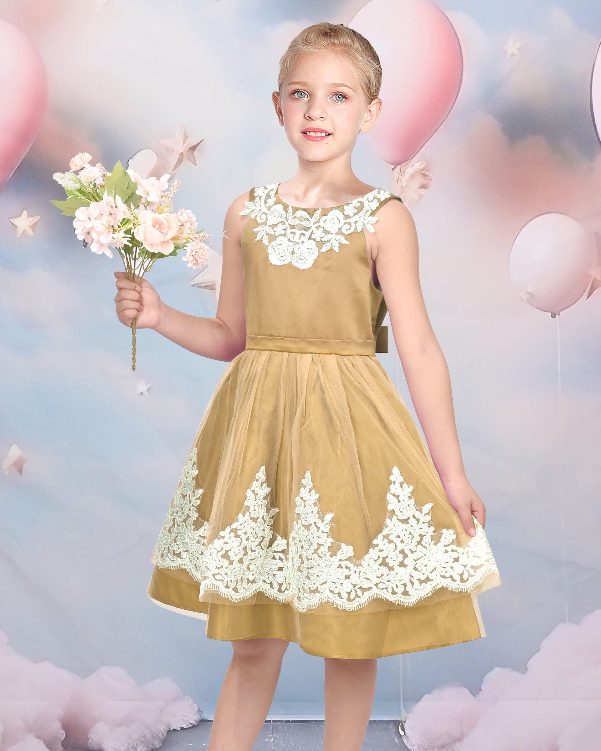 Girls Dress Champagne Multi-layers Wedding Pageant Kids Clothes Brown Lace