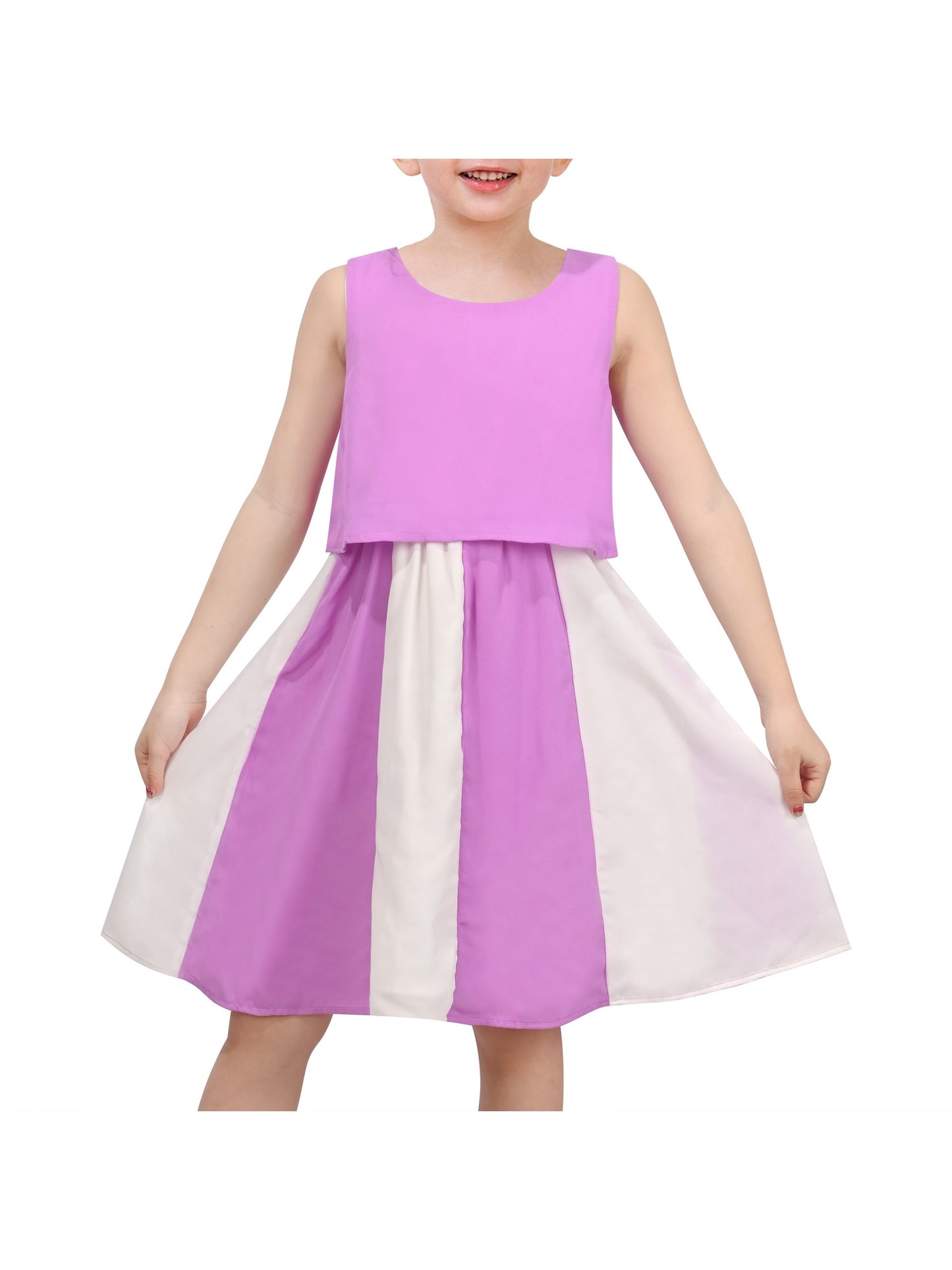 Girls Sleeveless Chiffon Dress Colorful Pencil Print with Yellow Tassel Belt Summer Casual Dresses Purple Colorblock