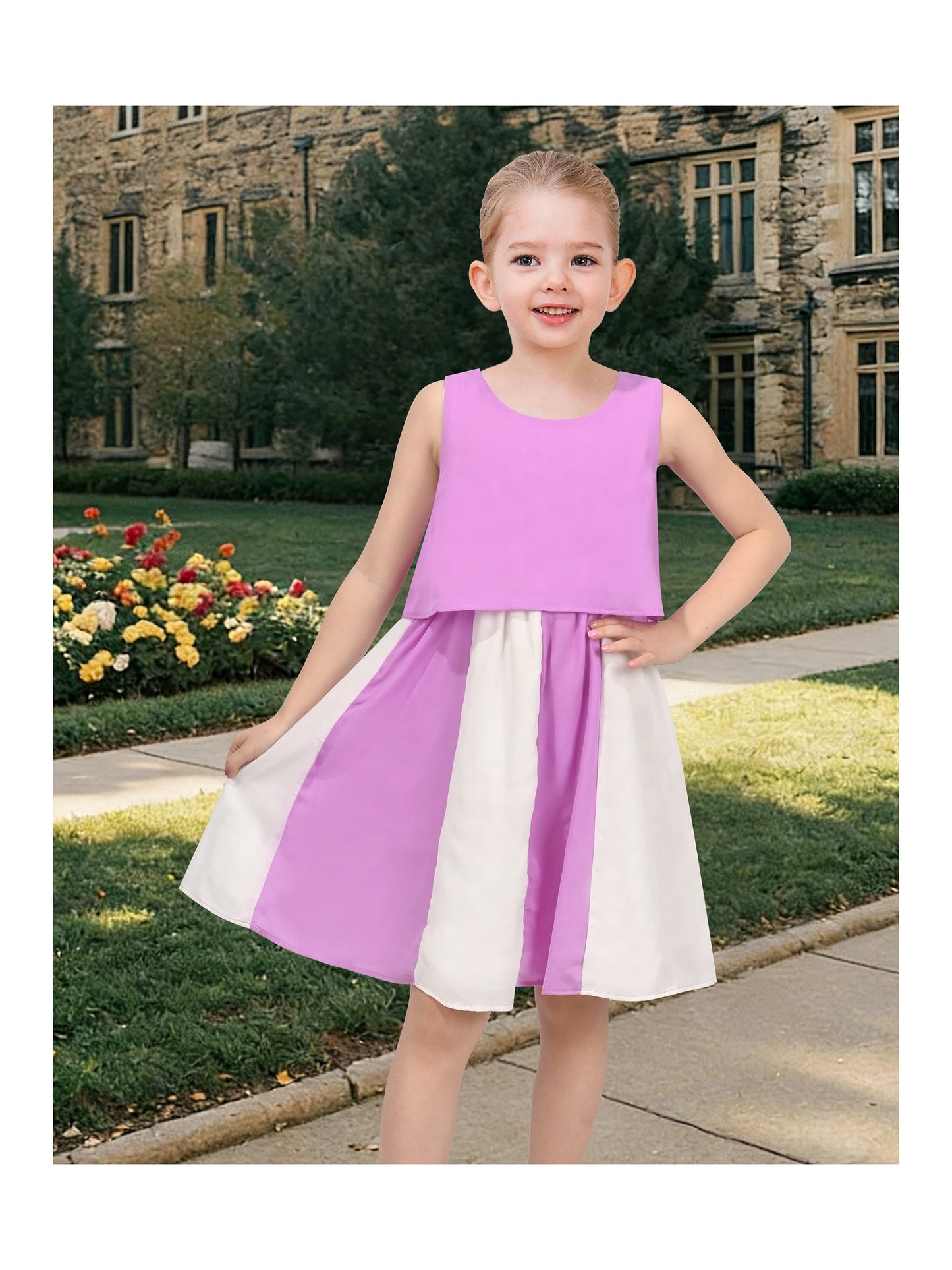Girls Sleeveless Chiffon Dress Colorful Pencil Print with Yellow Tassel Belt Summer Casual Dresses Purple Colorblock