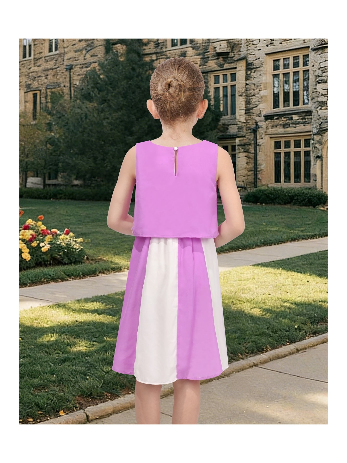 Girls Sleeveless Chiffon Dress Colorful Pencil Print with Yellow Tassel Belt Summer Casual Dresses Purple Colorblock