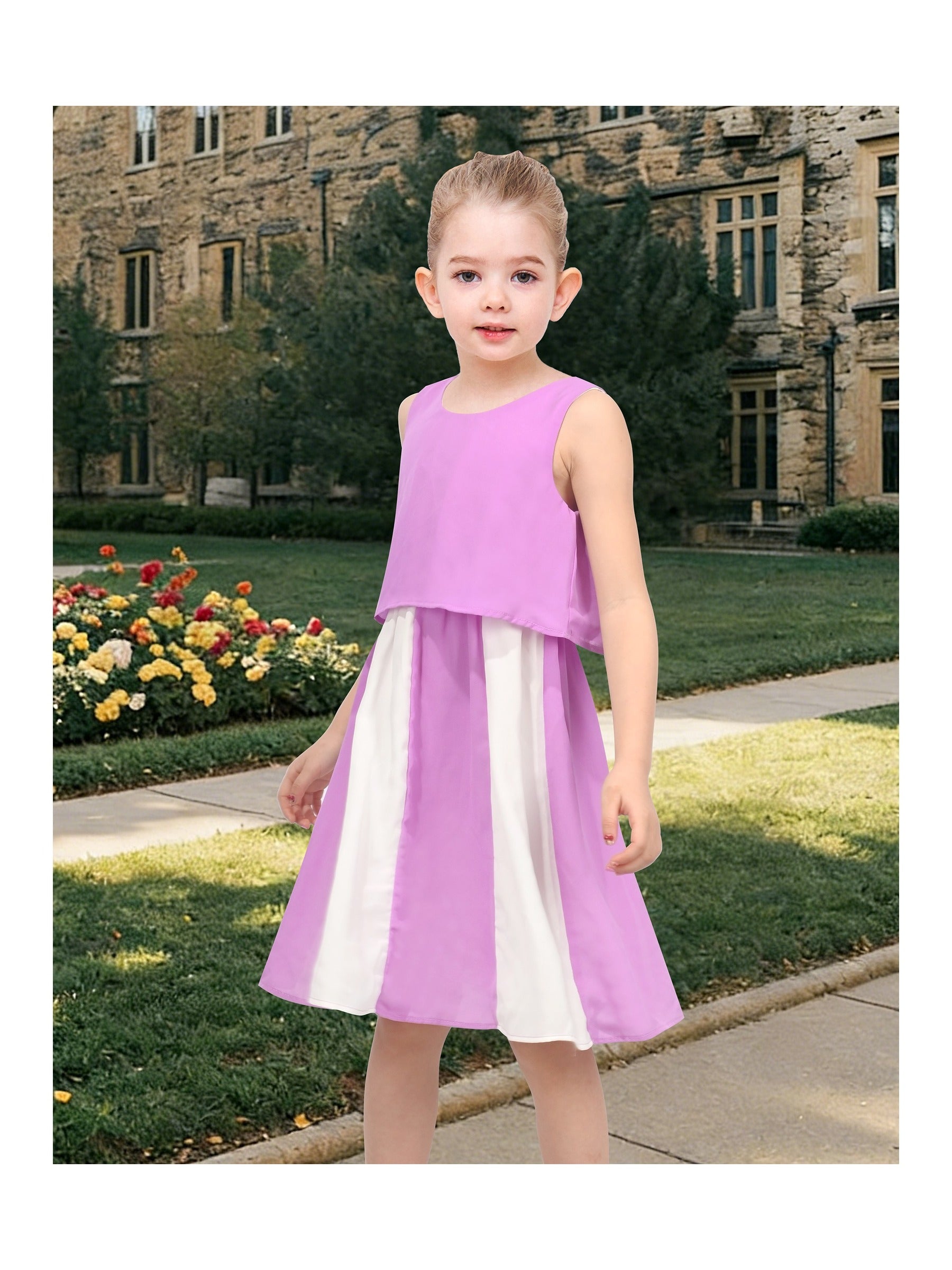 Girls Sleeveless Chiffon Dress Colorful Pencil Print with Yellow Tassel Belt Summer Casual Dresses Purple Colorblock