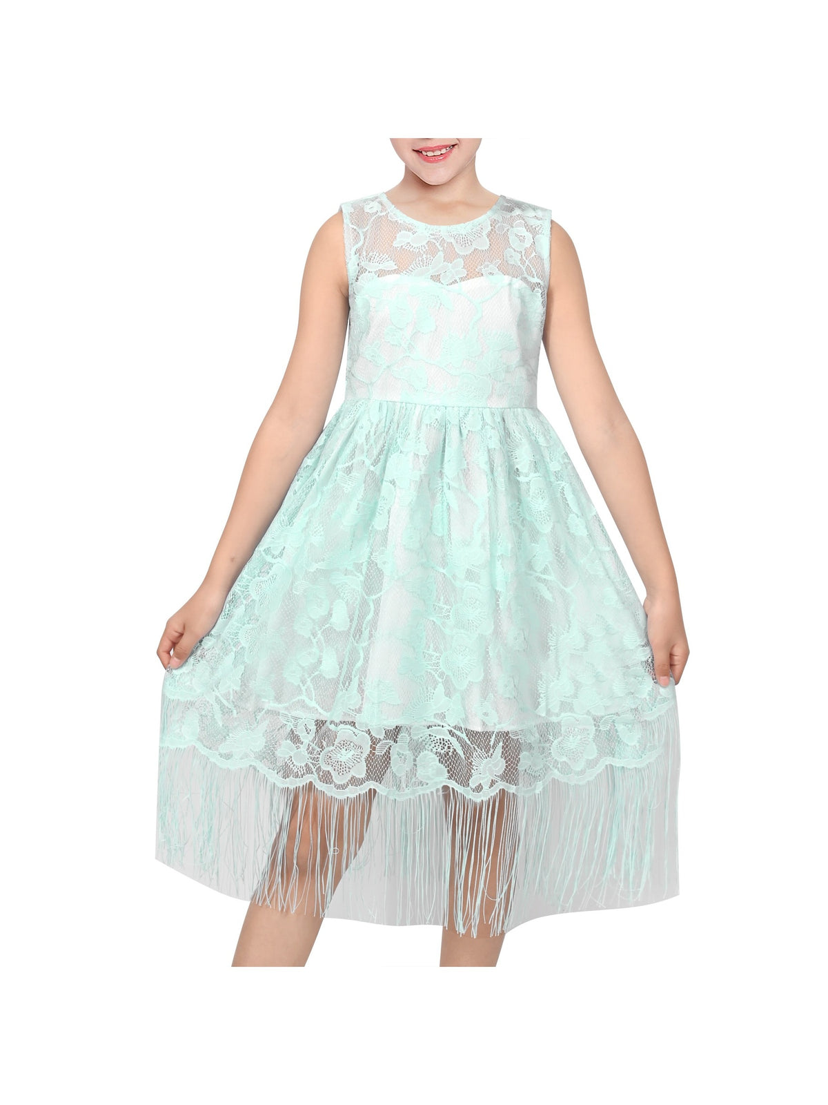 Girls Pink Lace Sleeveless Fringe Hem Summer Wedding Party Dresses for Girls - Mint Lace