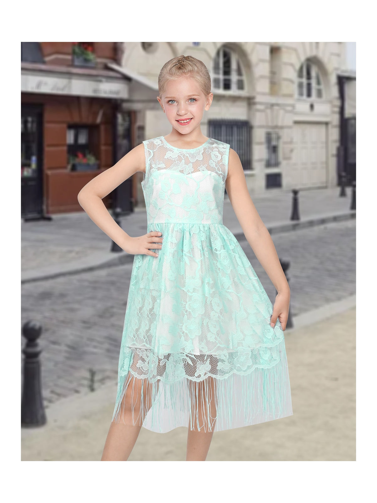 Girls Pink Lace Sleeveless Fringe Hem Summer Wedding Party Dresses for Girls - Mint Lace