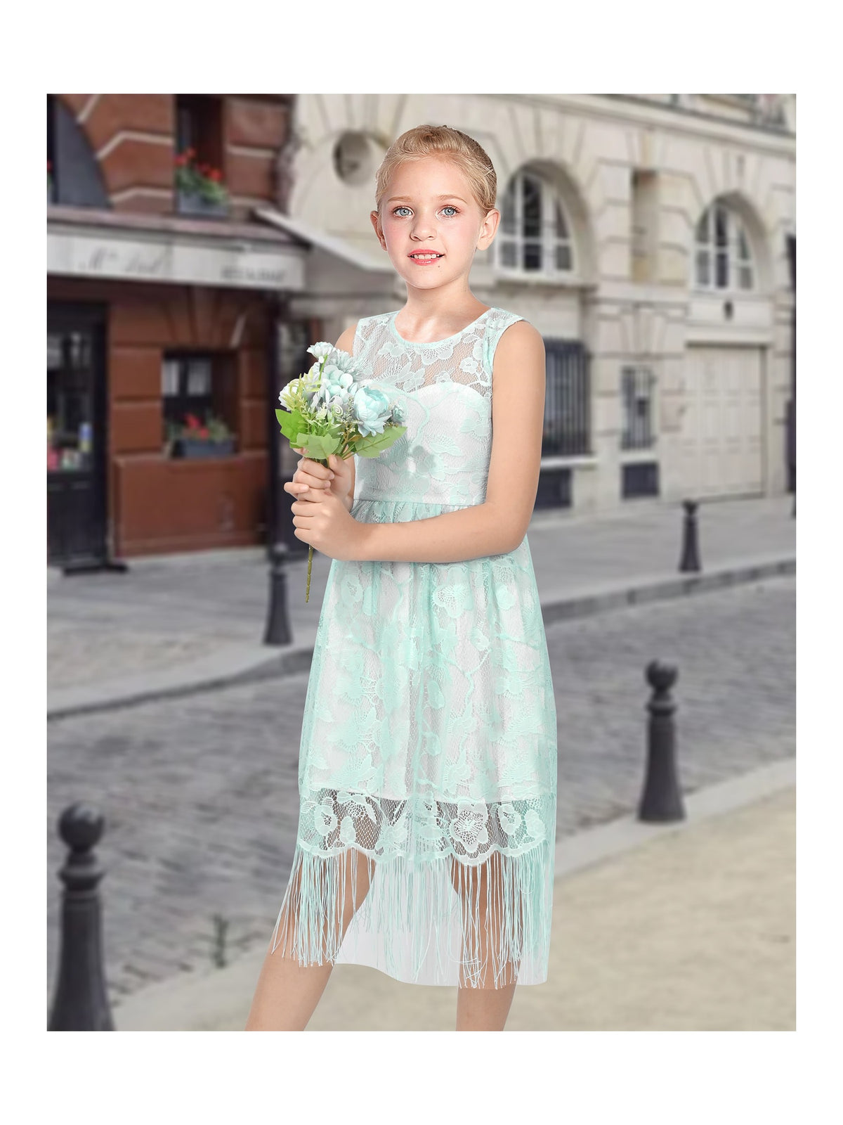 Girls Pink Lace Sleeveless Fringe Hem Summer Wedding Party Dresses for Girls - Mint Lace