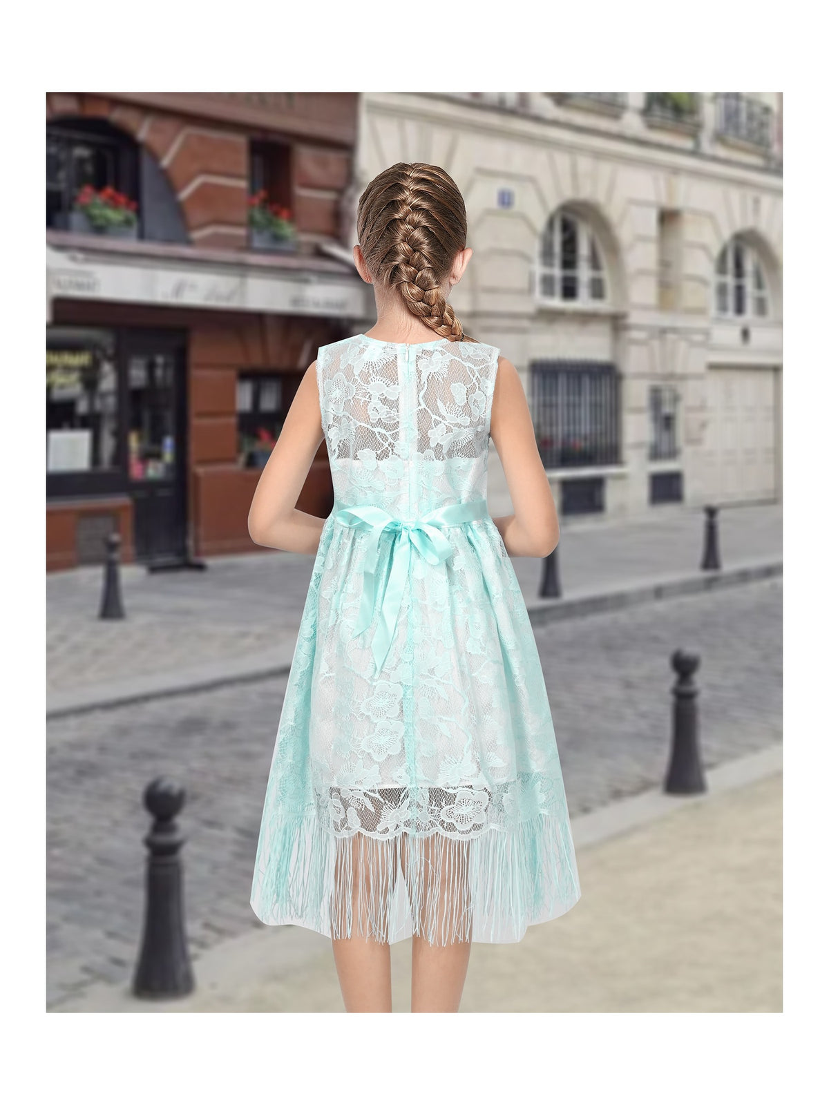 Girls Pink Lace Sleeveless Fringe Hem Summer Wedding Party Dresses for Girls - Mint Lace