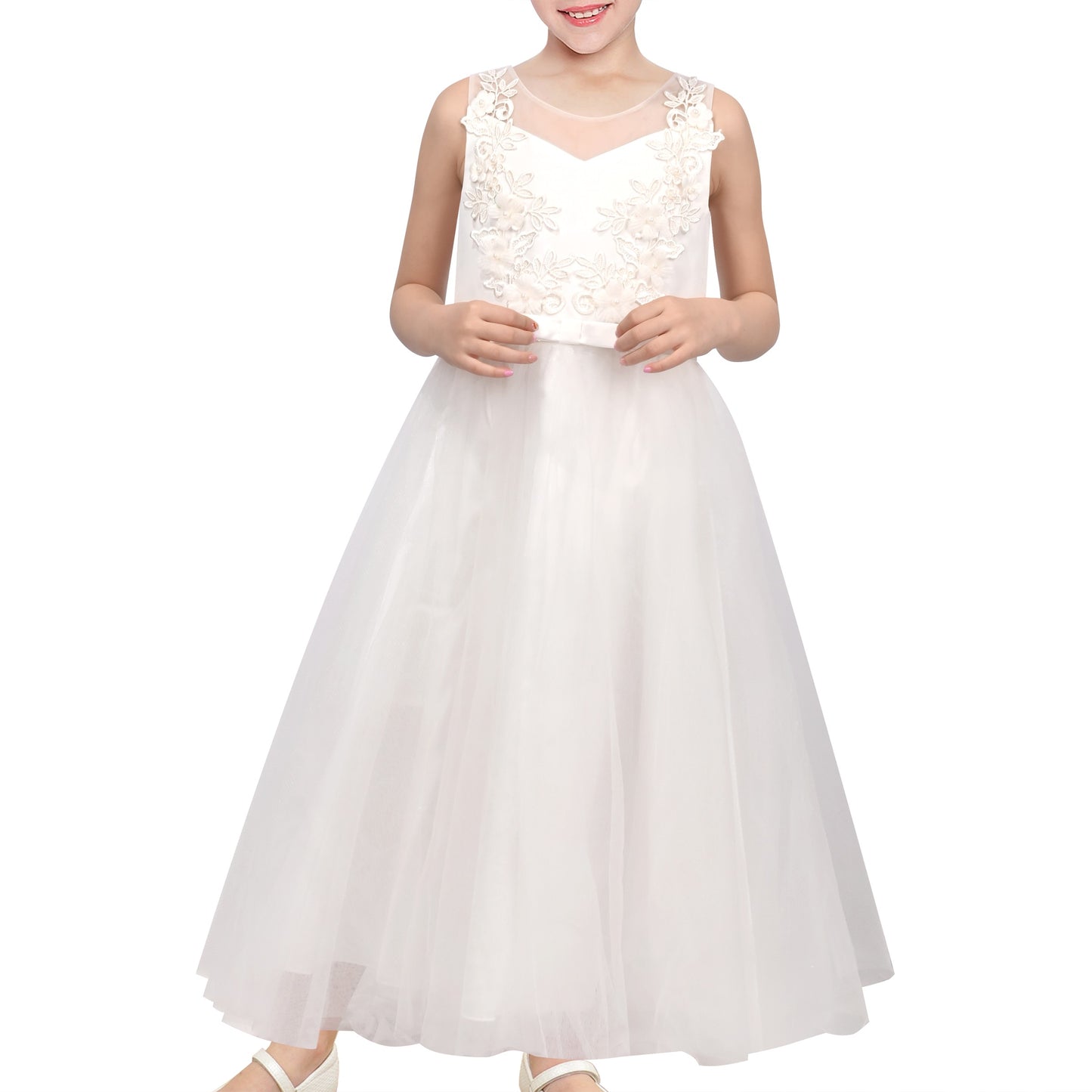 Girls Champagne Dress Sleeveless Floral Lace Calf Length Party Formal Dress White Floral Embroidered
