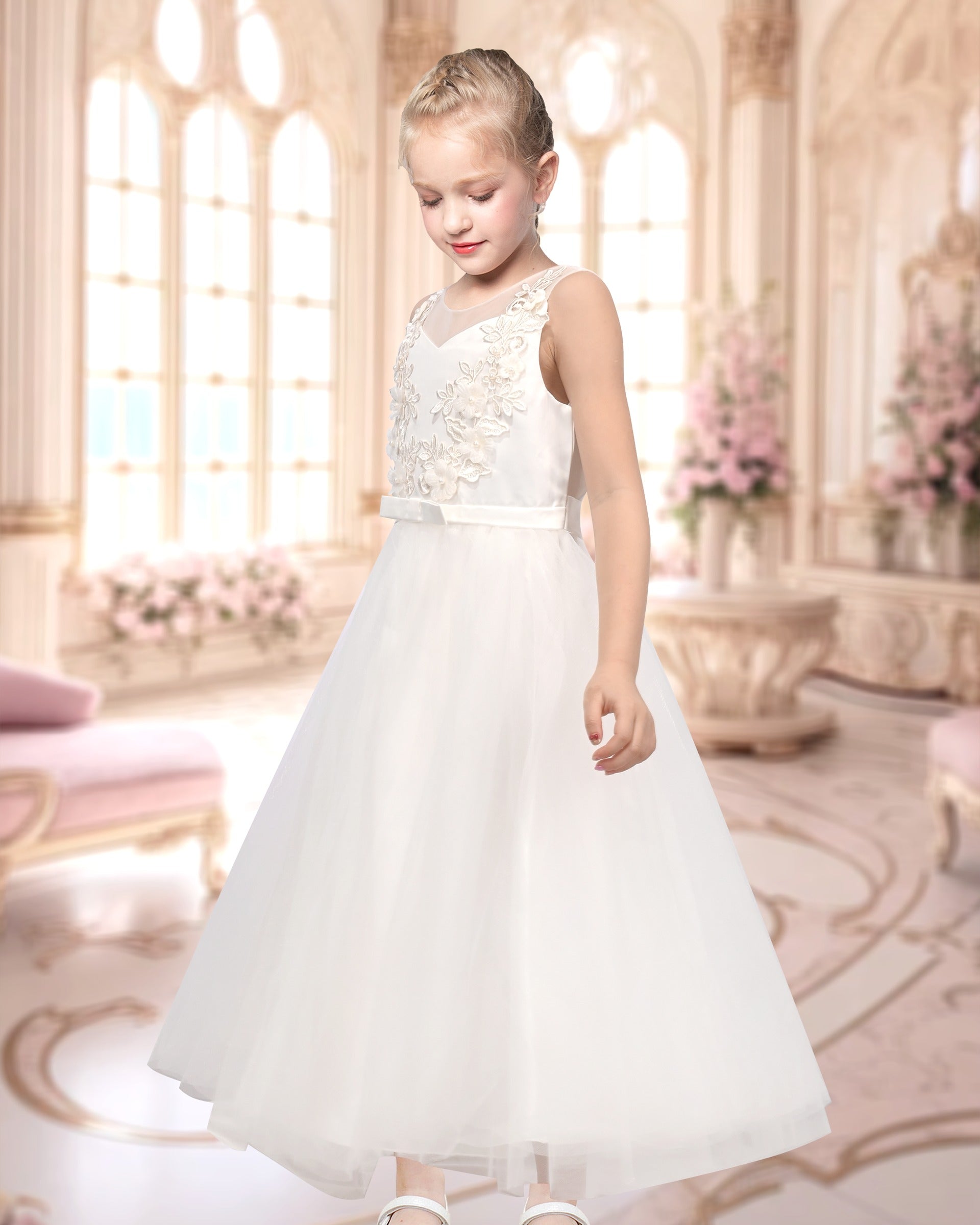 Girls Champagne Dress Sleeveless Floral Lace Calf Length Party Formal Dress White Floral Embroidered