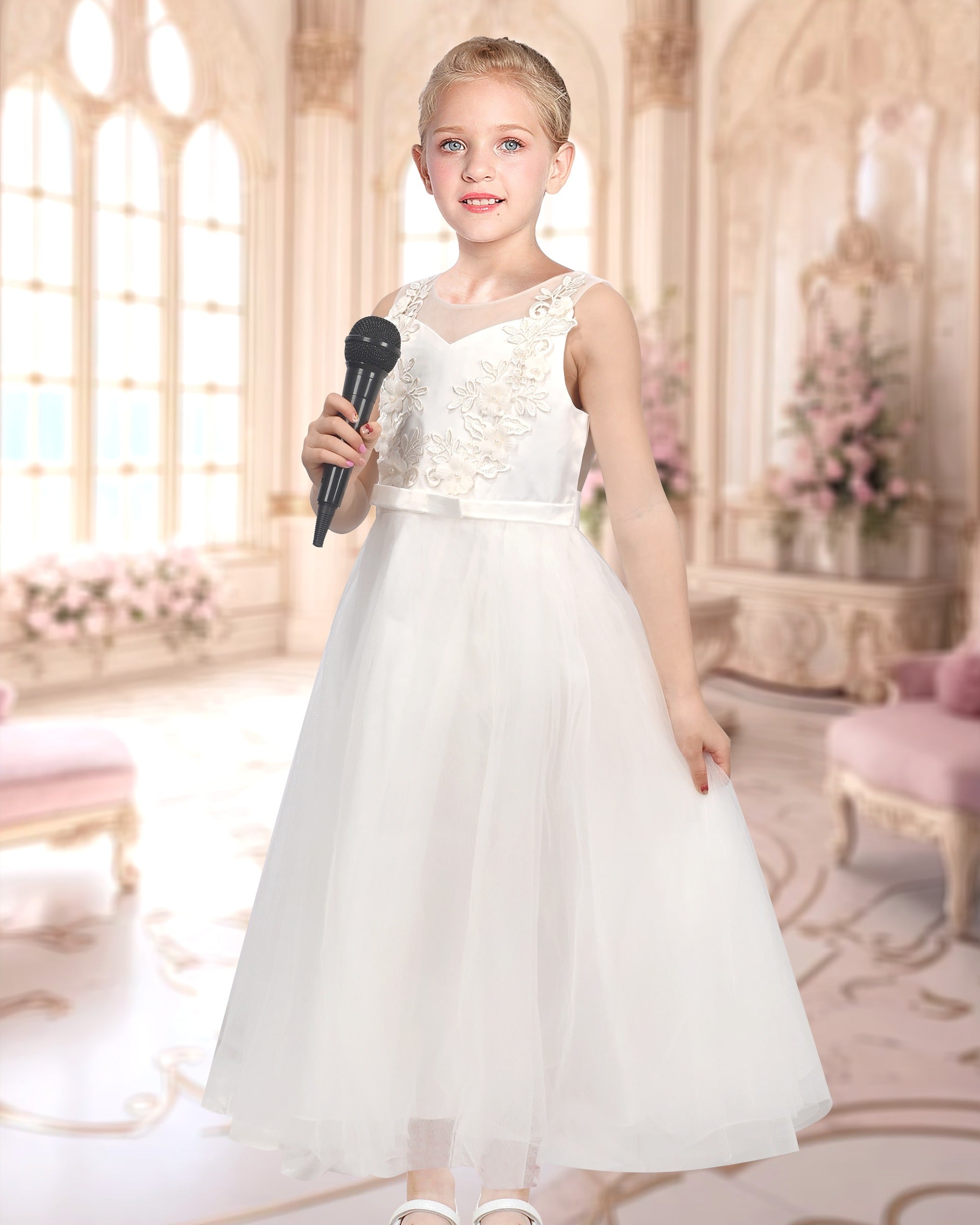 Girls Champagne Dress Sleeveless Floral Lace Calf Length Party Formal Dress White Floral Embroidered