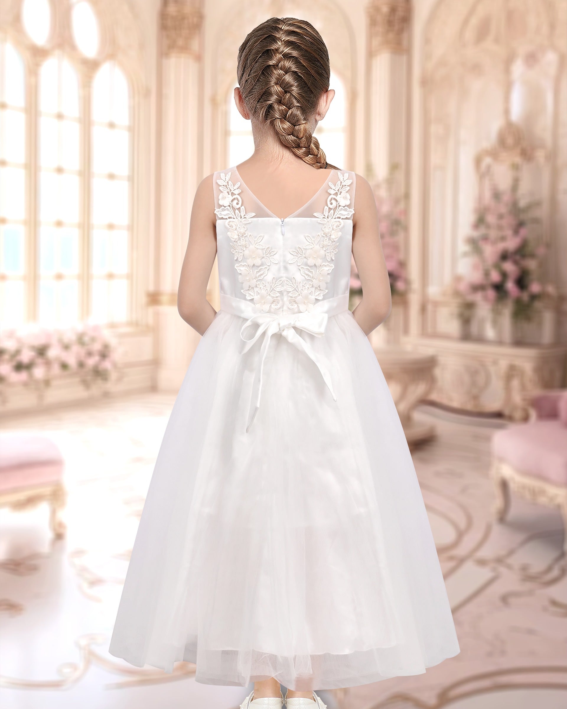 Girls Champagne Dress Sleeveless Floral Lace Calf Length Party Formal Dress White Floral Embroidered