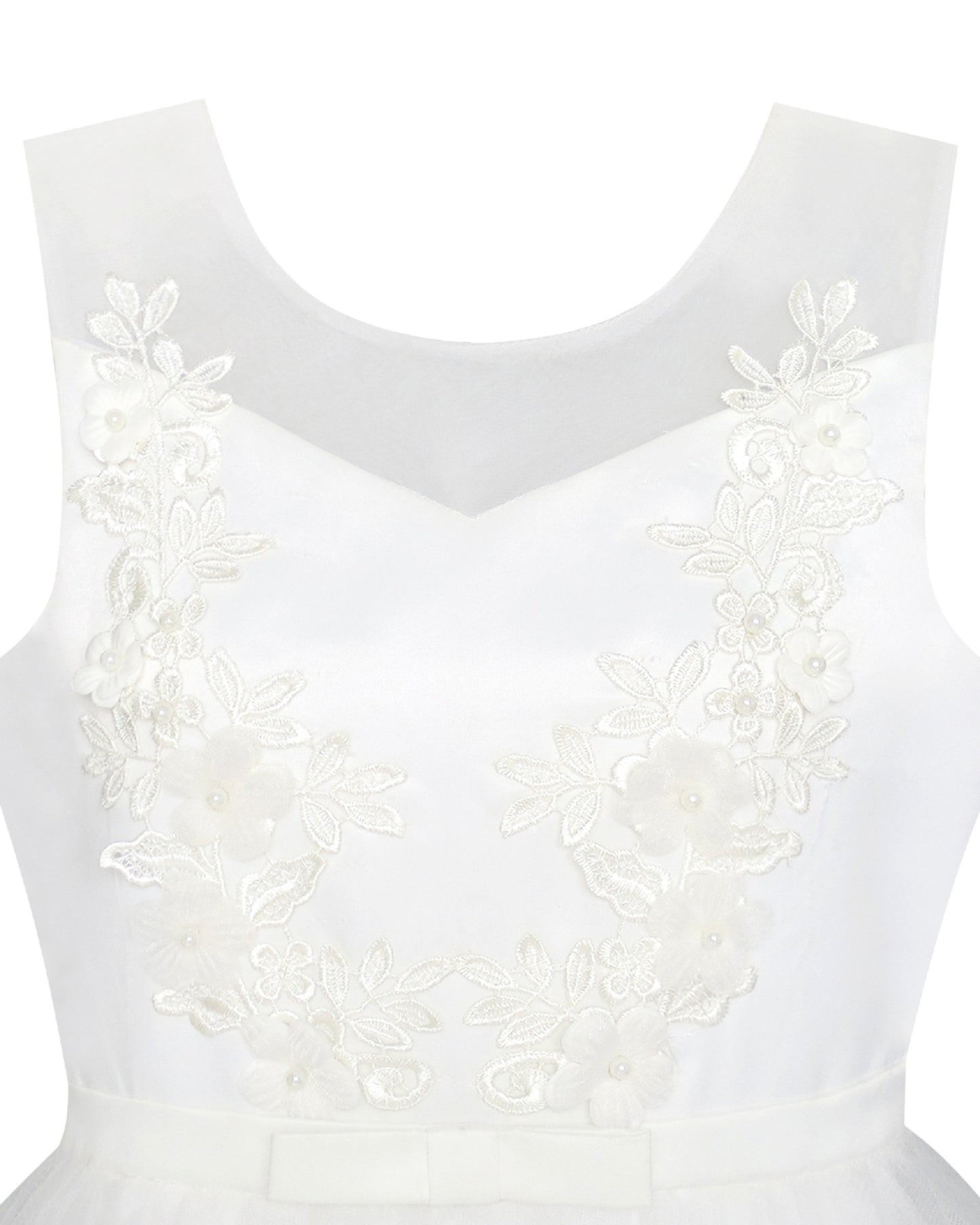 Girls Champagne Dress Sleeveless Floral Lace Calf Length Party Formal Dress White Floral Embroidered