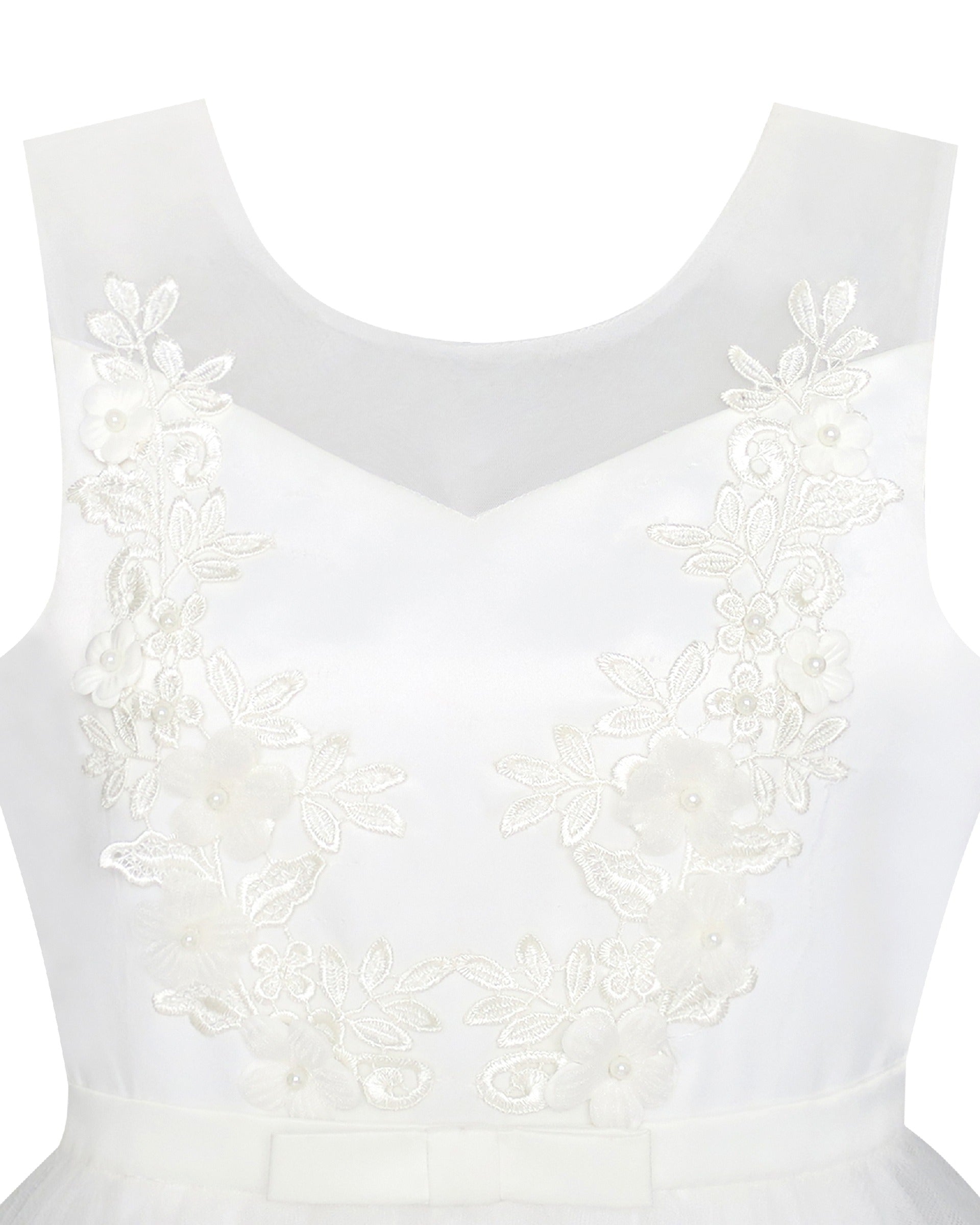Girls Champagne Dress Sleeveless Floral Lace Calf Length Party Formal Dress White Floral Embroidered