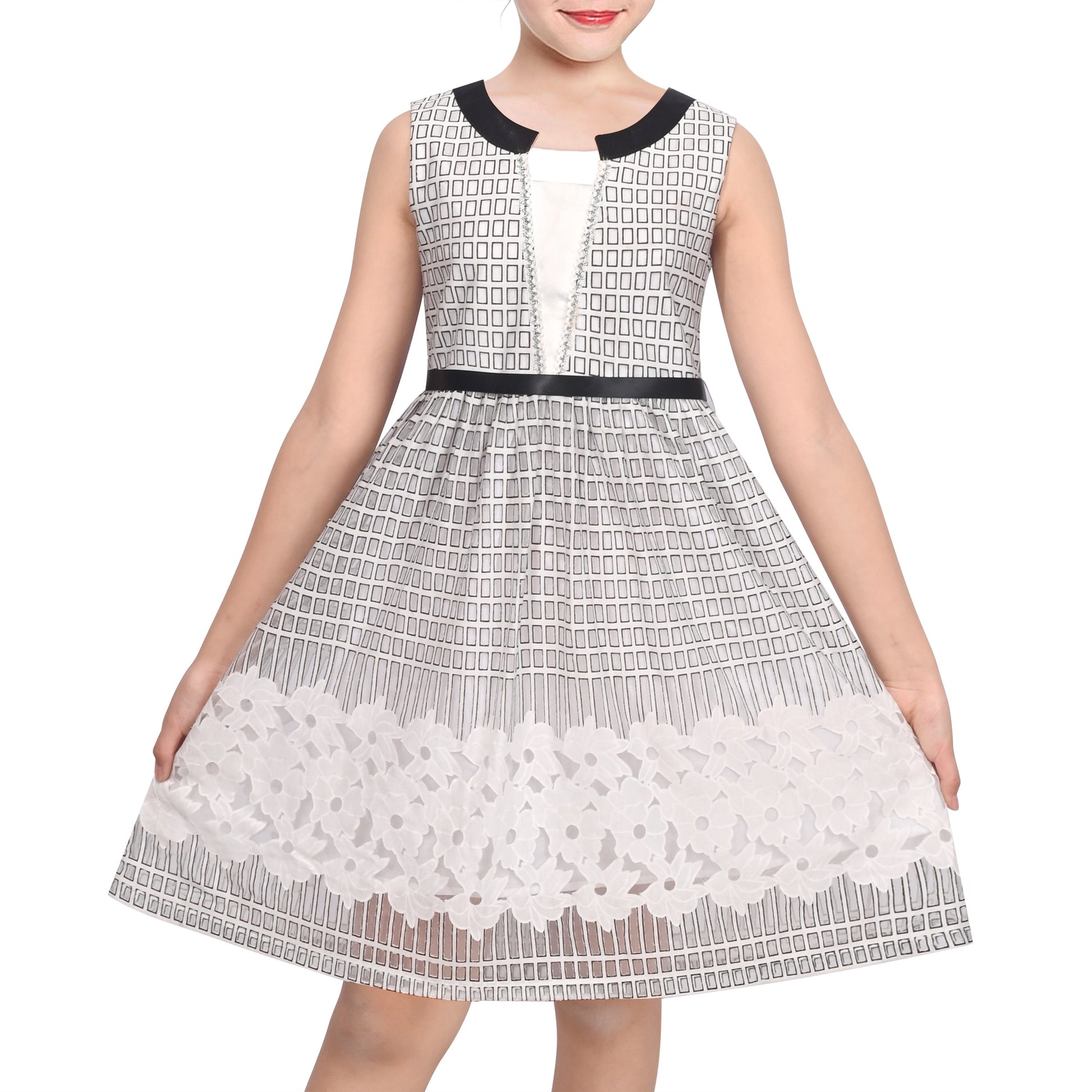 Girls Dress Black White Geometric Lace Sleeveless Casual Back to School Daily Black White Lace