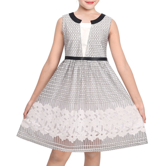 Girls Dress Black White Geometric Lace Sleeveless Casual Back to School Daily Black White Lace