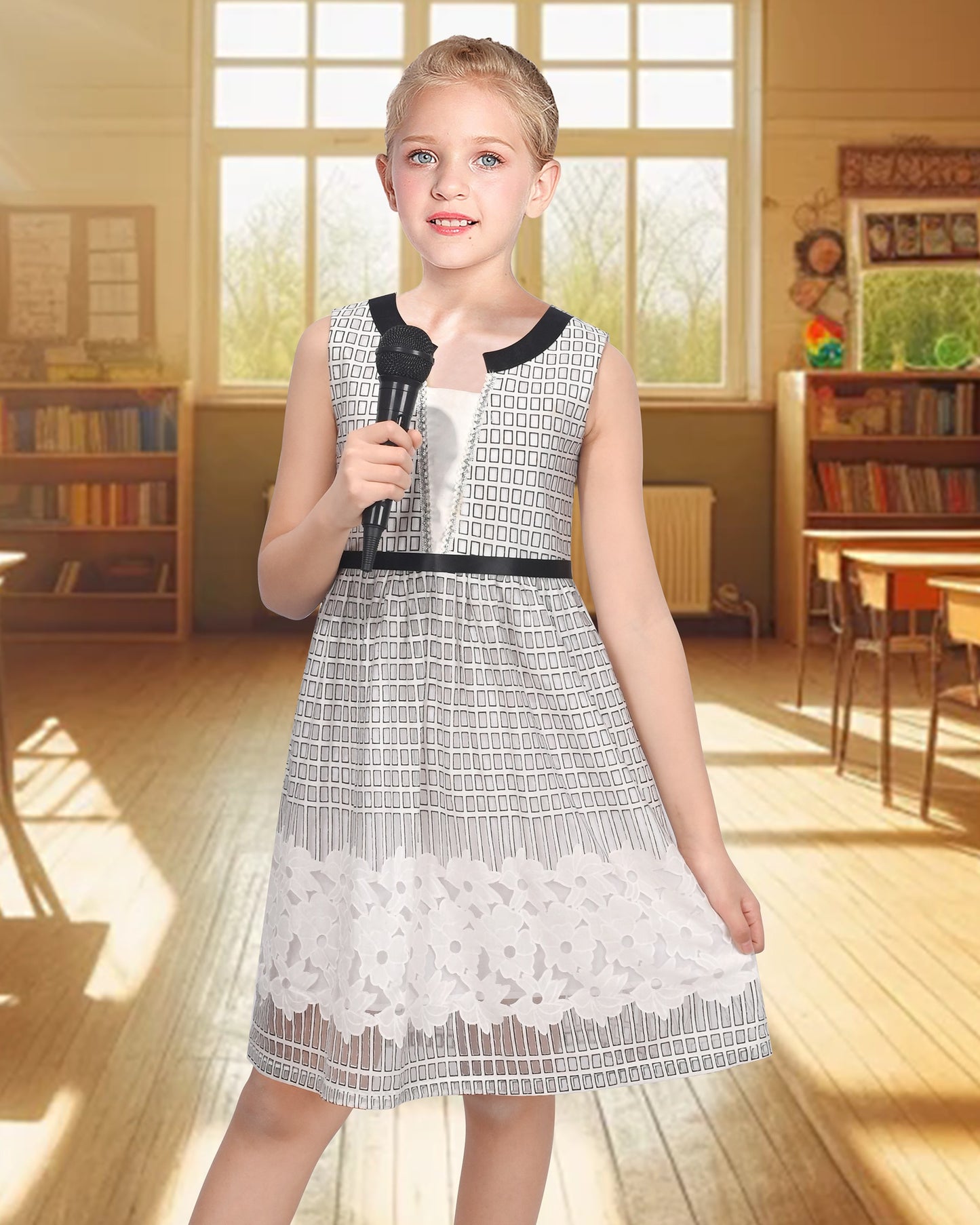 Girls Dress Black White Geometric Lace Sleeveless Casual Back to School Daily Black White Lace
